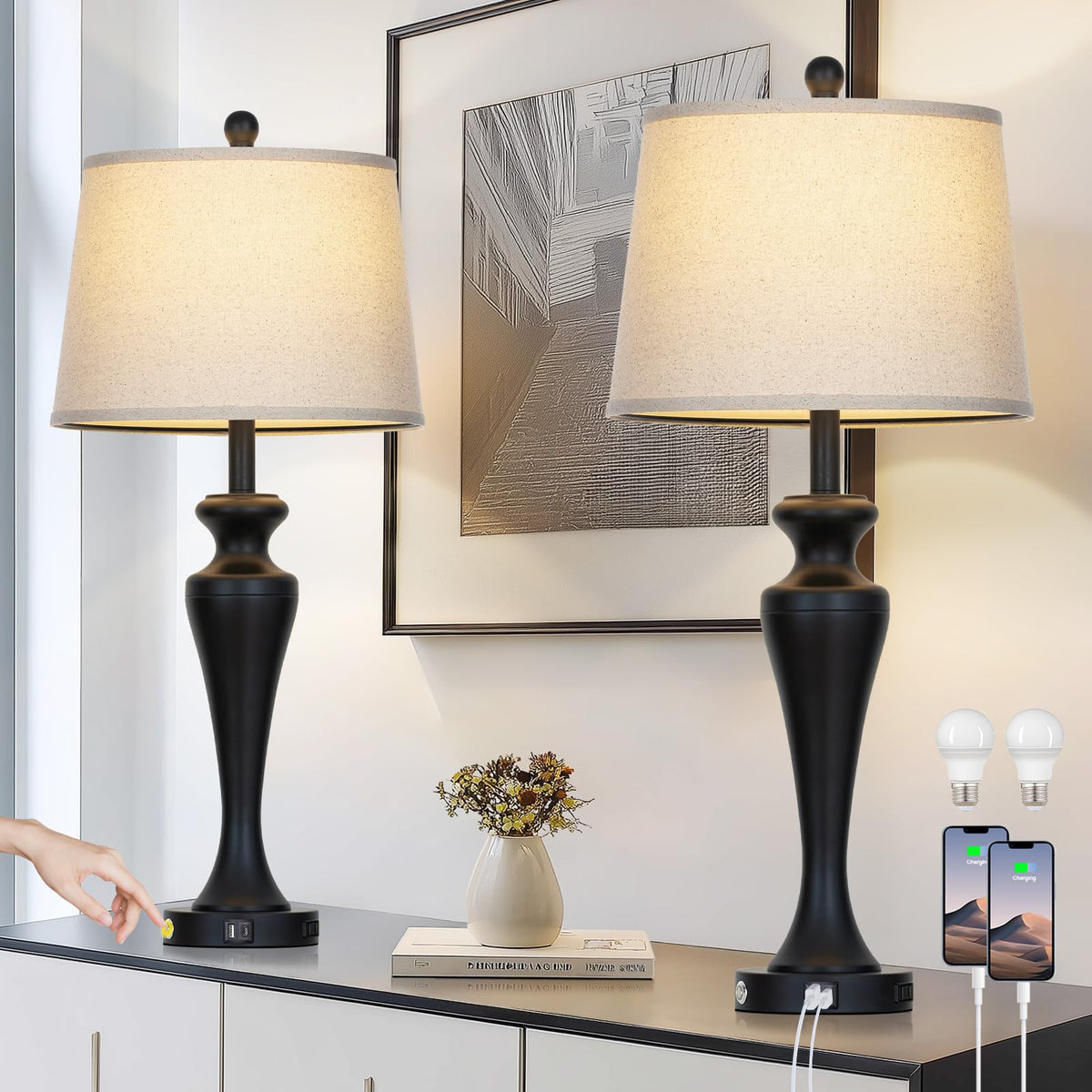 CINSARY 30“ Black Table Lamps for Living Room, 3-Way Dimmable Touch Control Lamp with USB A+C Ports and AC Outlet, Tall Bedside Lamps Set of 2, Metal Bedroom Lamp for Nightstand, 2 Bulbs Included