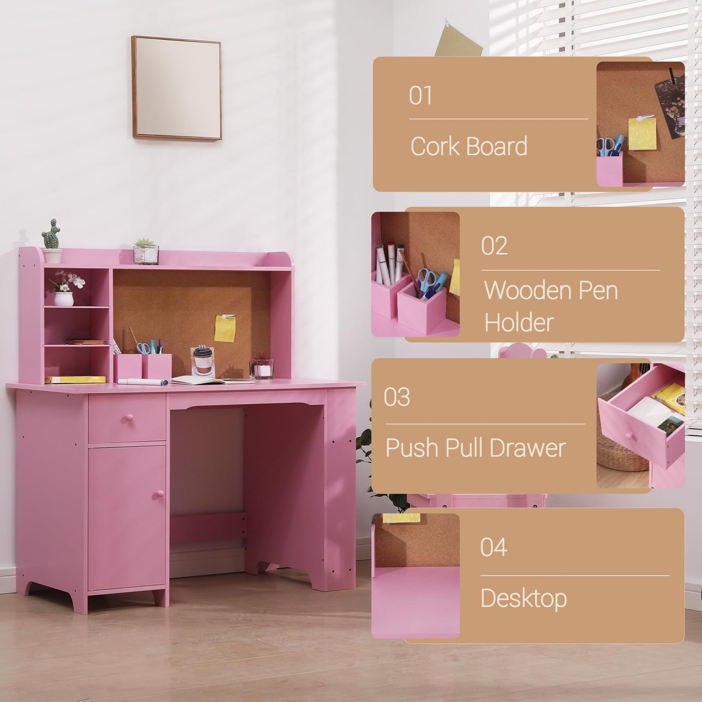 Kids Desk and Chair Set, Study Desk and Chair Set,Wooden Study Desk with Bookshelf, Bulletin Board, Cabinet & Drawer,Pink Children’s Writing Table