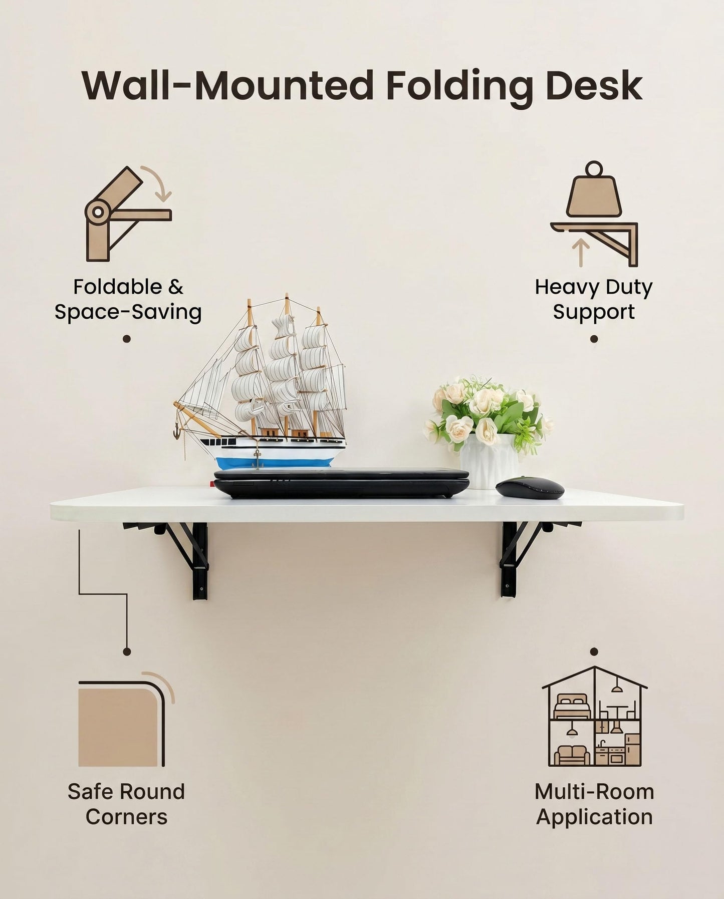DAZIMOU 31 "x22.8 Wall Mounted Folding Table with Foldable Bracket, Suitable for Folding Tables on Balconies, Laundry Rooms, Kitchens, Home Offices, bedrooms, and Living Rooms (White)