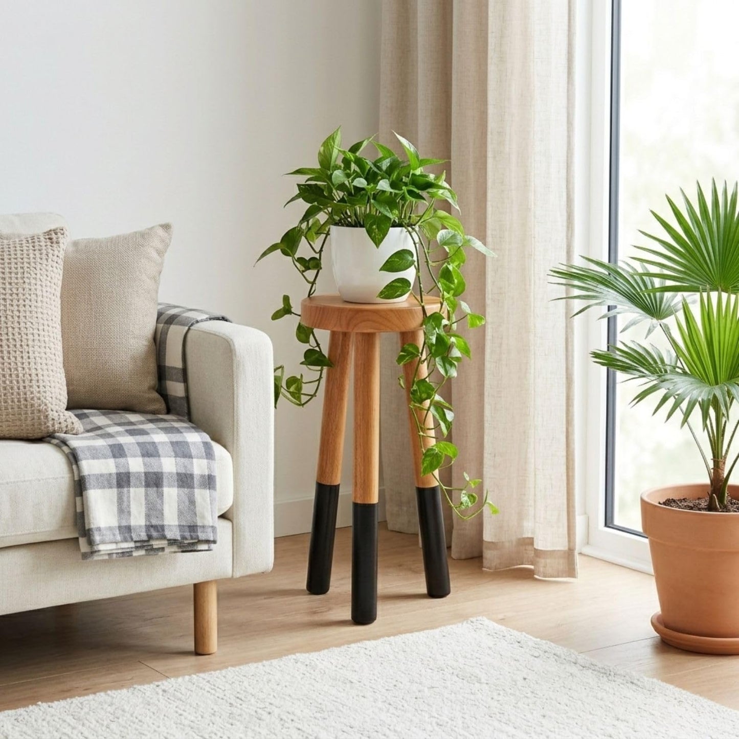 JOLLYMER Rubber Wood 9" Round Plant Stand |Dip Dyed Black Accent Stool |Small Drinking Table |Side Table(18" H)