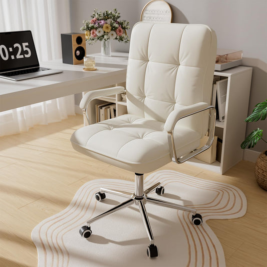HomeZeer White Office Chair, Mid Back Leather Desk Chair with Wheels and Padded Arms, Swivel Vanity Chair for Bedroom, Computer Chair for Study and Work