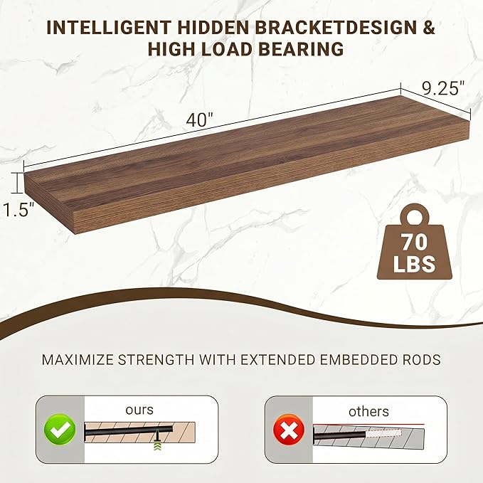 Acovy 40 Inch Floating Shelves, 3D Textured Wood Grain, Wooden Shelves