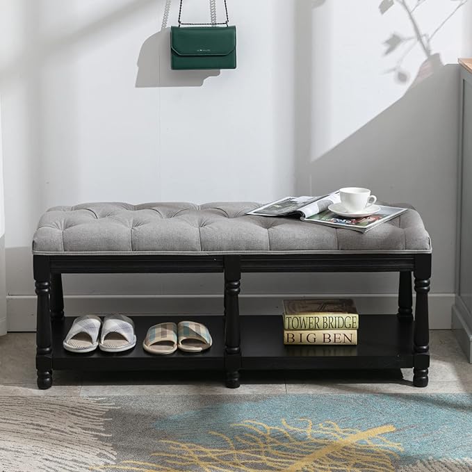 Farmhouse Storage Bench Wooden Entryway Linen Upholstered Ottoman Button Tufted