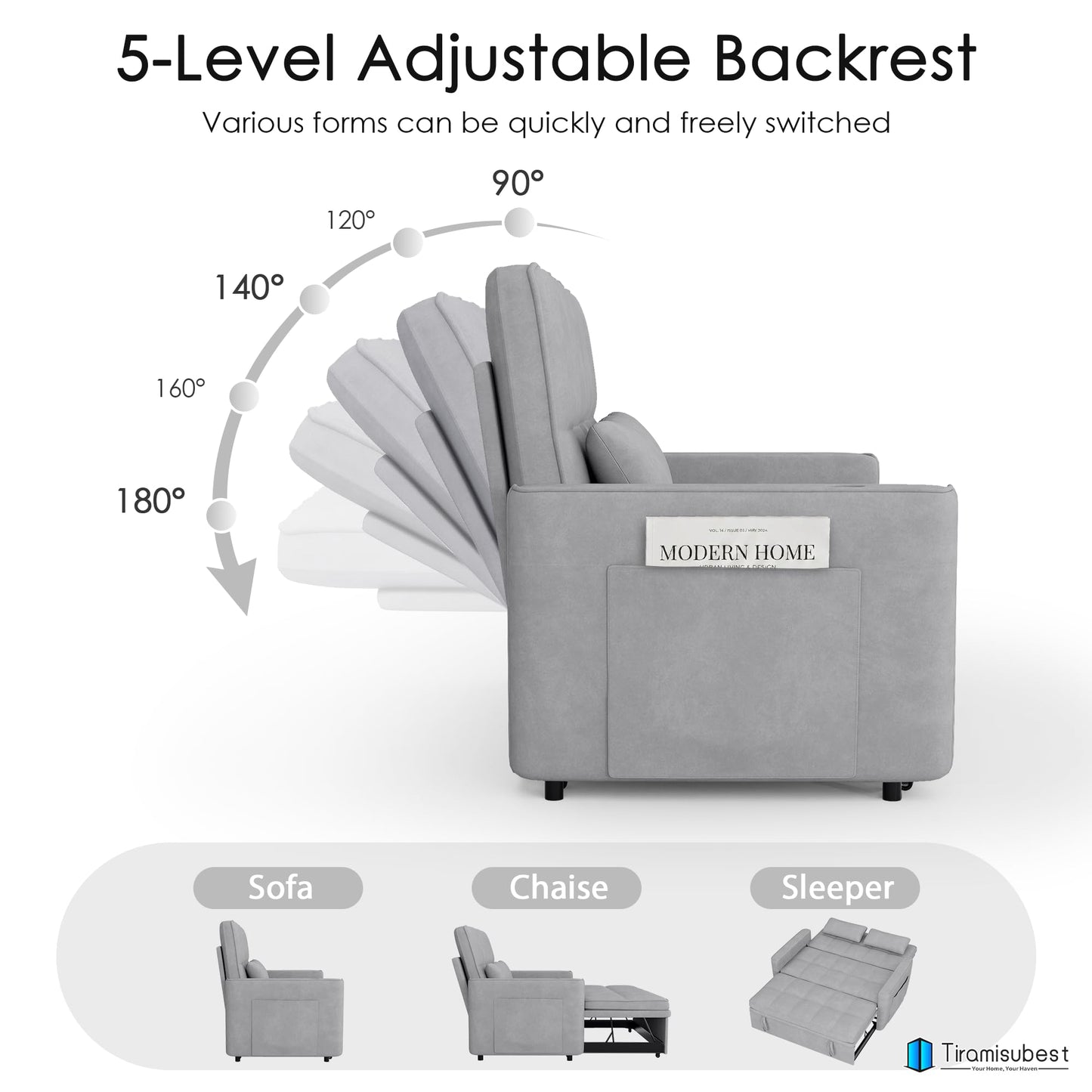 tiramisubest 54'' Sleeper Sofa Bed, Convertible Pull Out Couch Futon for for Living Room,Apartment (Ashgrey, Loveseat) Side Pockets, Velvet Fabric, Adjustable Backrest, Pull-Out Bed, Easy Assembly