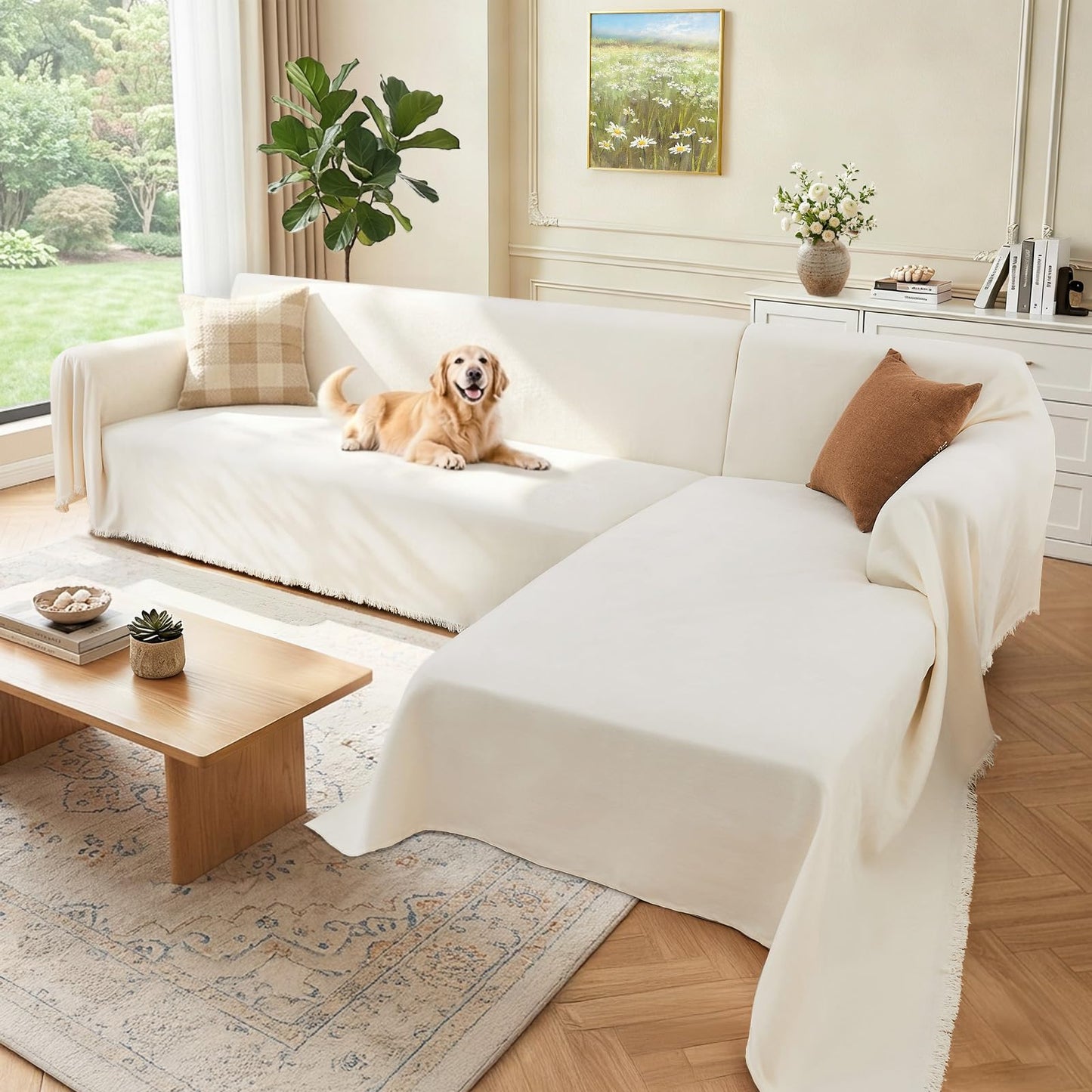 Houmiggle Sectional Couch Covers, 2 Pieces Washable L Shaped Couch Covers Sofa Blanket for Dogs Pet Friendly Sectional Sofa Slipcovers Furniture Covers,71"x118"+91"x134",(XXX-Large,Cream White)