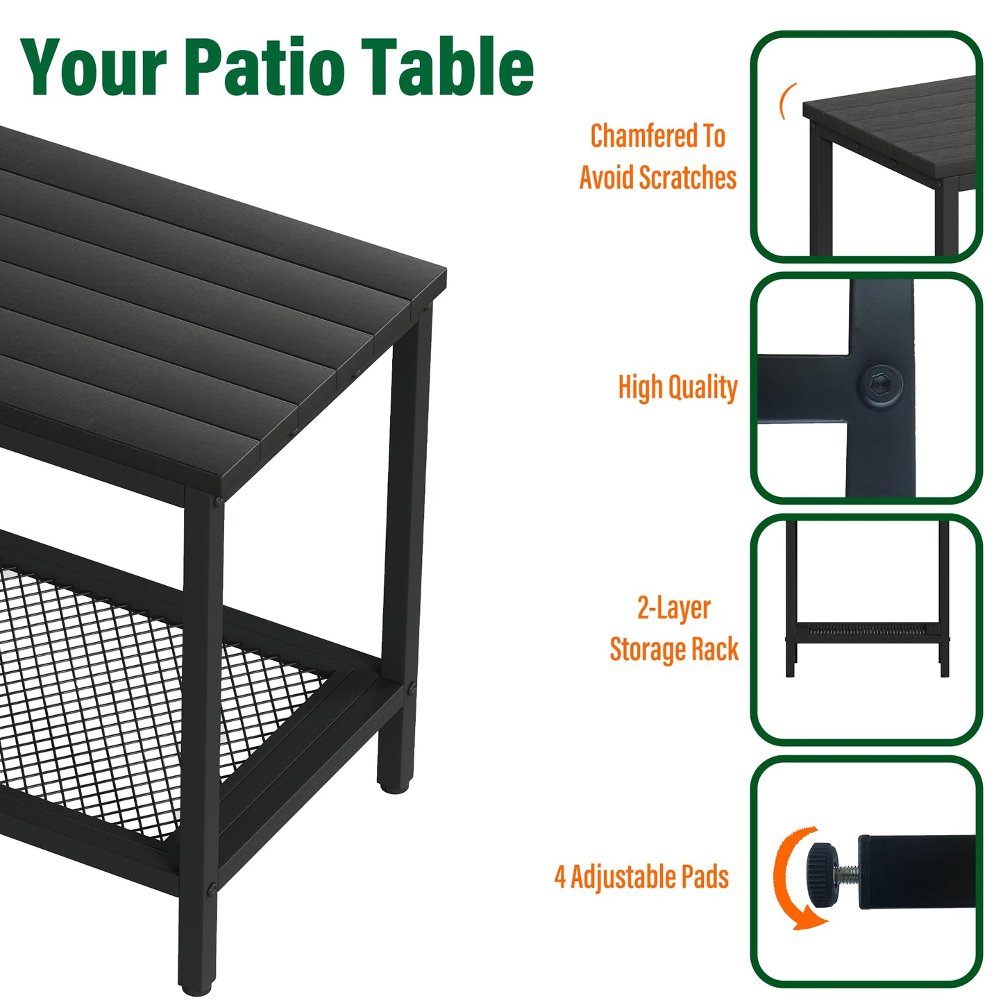 KAAPSAM Rectangular Outdoor Side Table with Storage, 2-Tier Patio End Table Weather Resistant, Black Outdoor Accent Table, Small Porch Tables for Pool, Deck, Garden (Black 2PC)