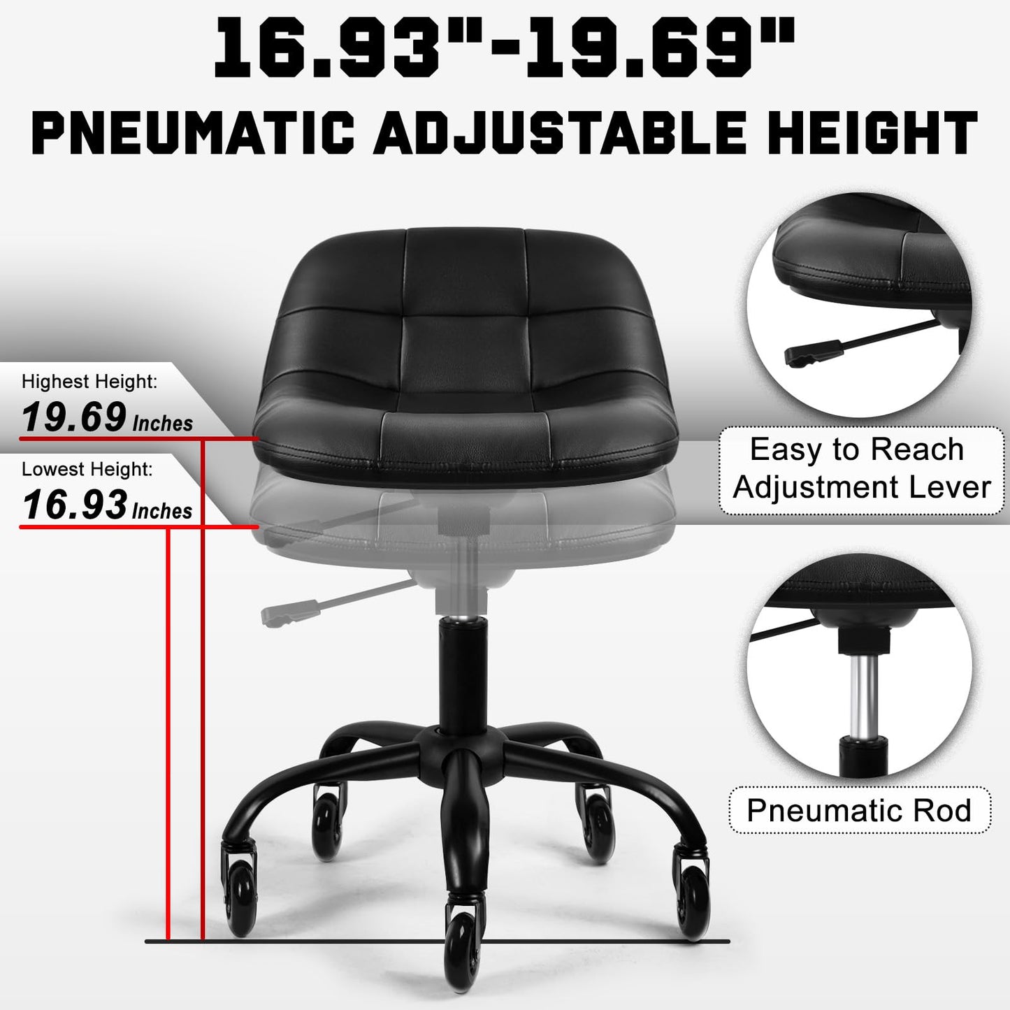 FreekyFit Rolling Shop Stool with Wheels, Rolling Short Stool with Back Support, 360° Swivel Garage Chair, Height Adjustable Chair 330lb Heavy Duty for Spa Salon Massage Home Office Tattoo (Black)