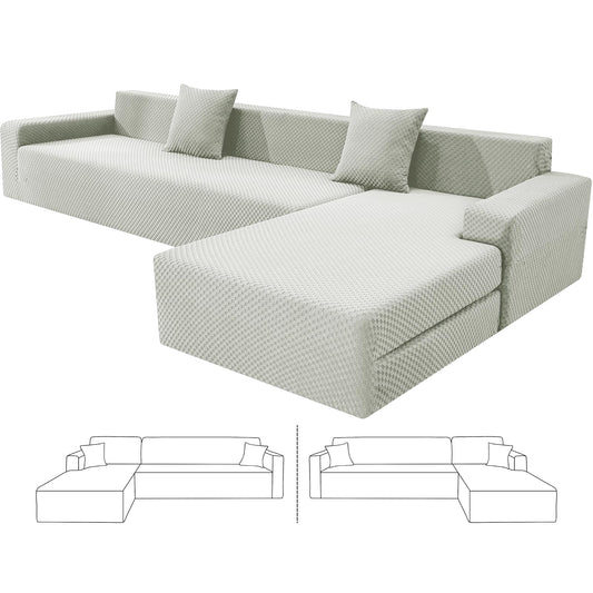 ZNSAYOTX Sectional Couch Covers, Stretch Jacquard Slipcovers with Elastic Bottom for L-Shape Sectional Sofa, 2 Pcs Pet Friendly Comfort Modular Sofa Protector (3 Seat Couch + 3 Seat Chaise, Ivory)