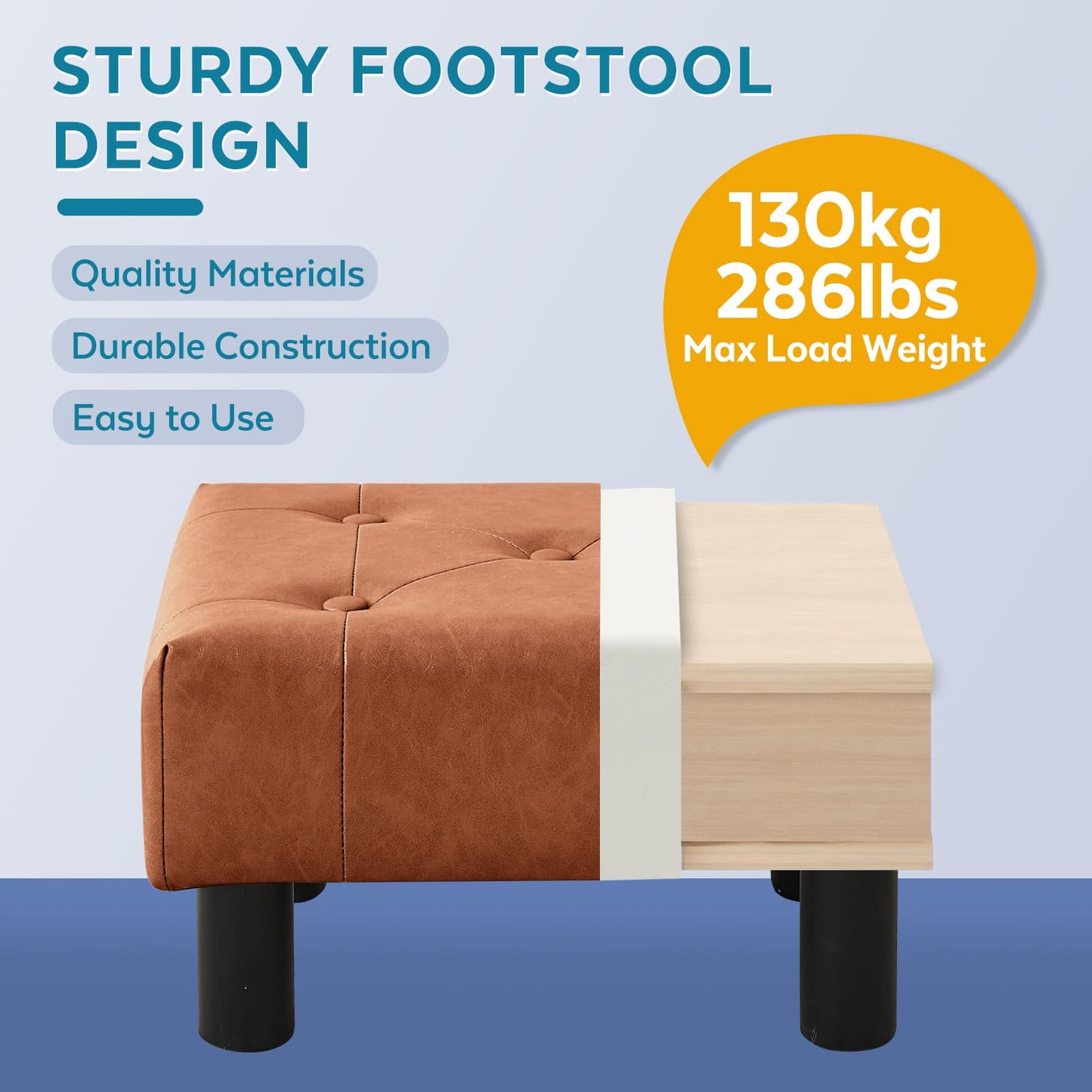 FIMIVIBI Small Foot Stool Ottoman, Faux Leather Footstool Ottoman Foot Rest for Couch, Rectangle Footstools and Ottomans Small for Living Room, Entryway and Bedroom (Bright Brown)