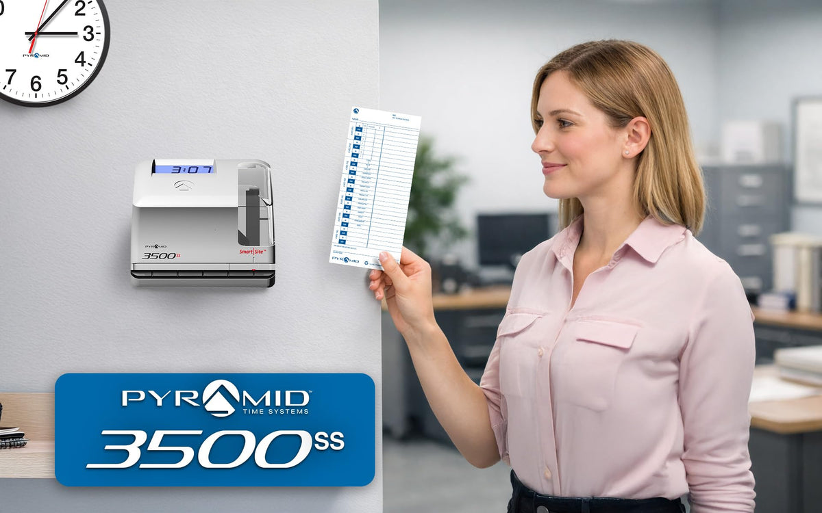 Pyramid Time Systems 3500ss Employment Time Clock & Document Stamp, Unlimited Employees, 5-1/2"H x 6-1/2"W x 6-1/2"D, Gr
