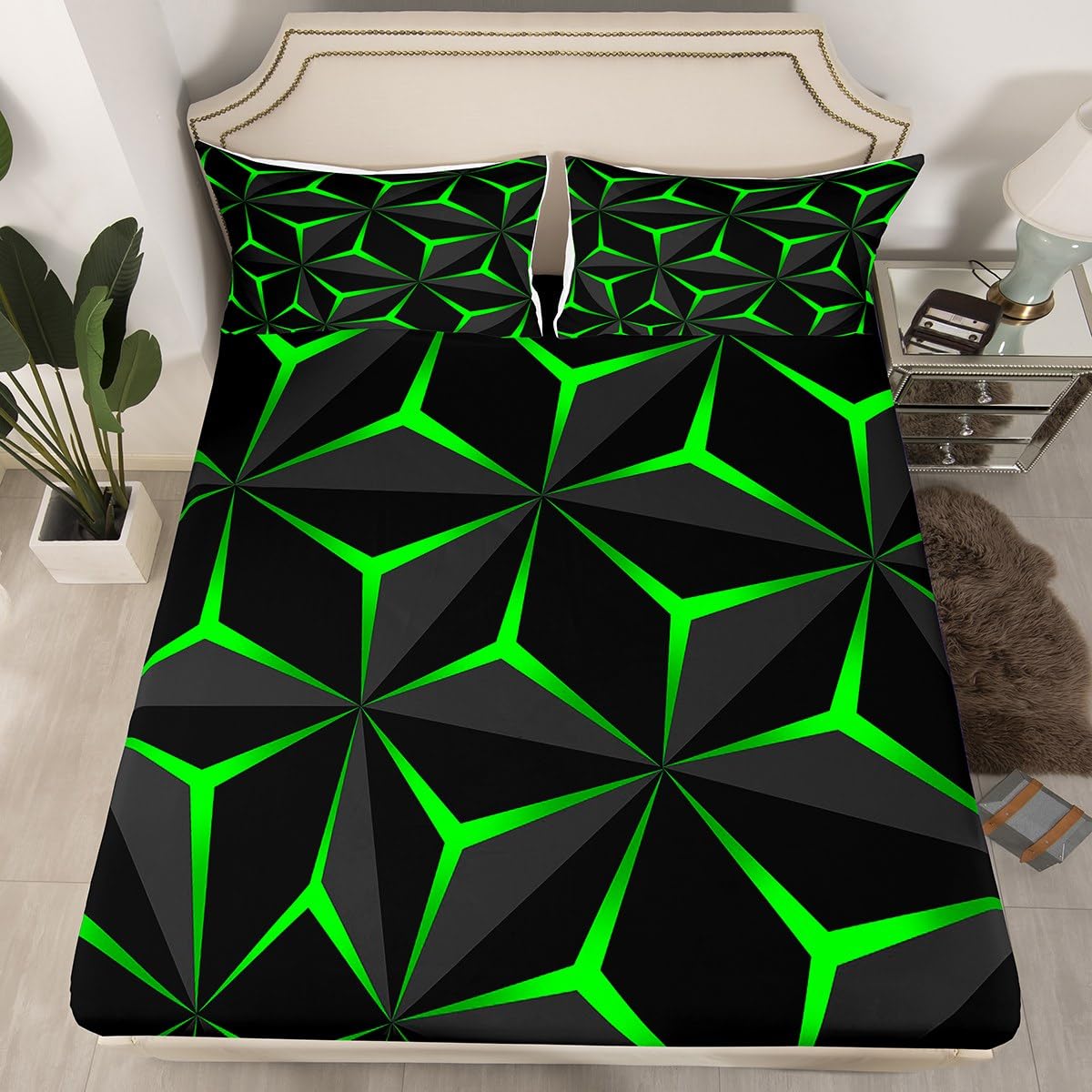 Feelyou Neon Honeycomb Sheet Set Twin Size,Geometric Stereoscopic Theme Teens Boys Bedding Set,Adults Bedroom Decoration 3D Green Print Fitted Sheet All Season