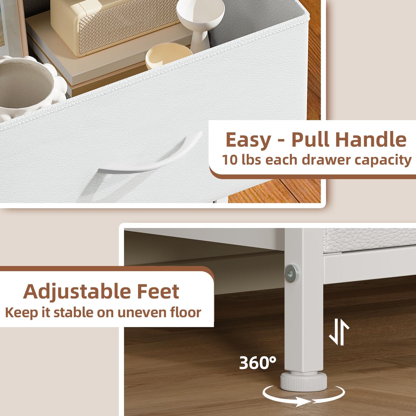 Somdot Nightstand, Small 2 Drawer Dresser End Table, Chest of Drawers, Bedside Table Night Stand End Table with Fabric Bins for Bedroom Kids Closet Dorm Guest Room, White Leather
