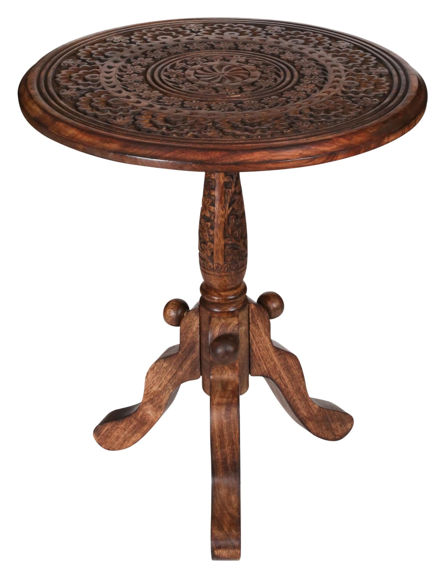The Wooden Town Handcrafted Carved Round Side Table – 18x21 Inch Coffee Table for Living Room | Solid Wood Accent End Table with Pedestal Base | Altar Table for Home Décor