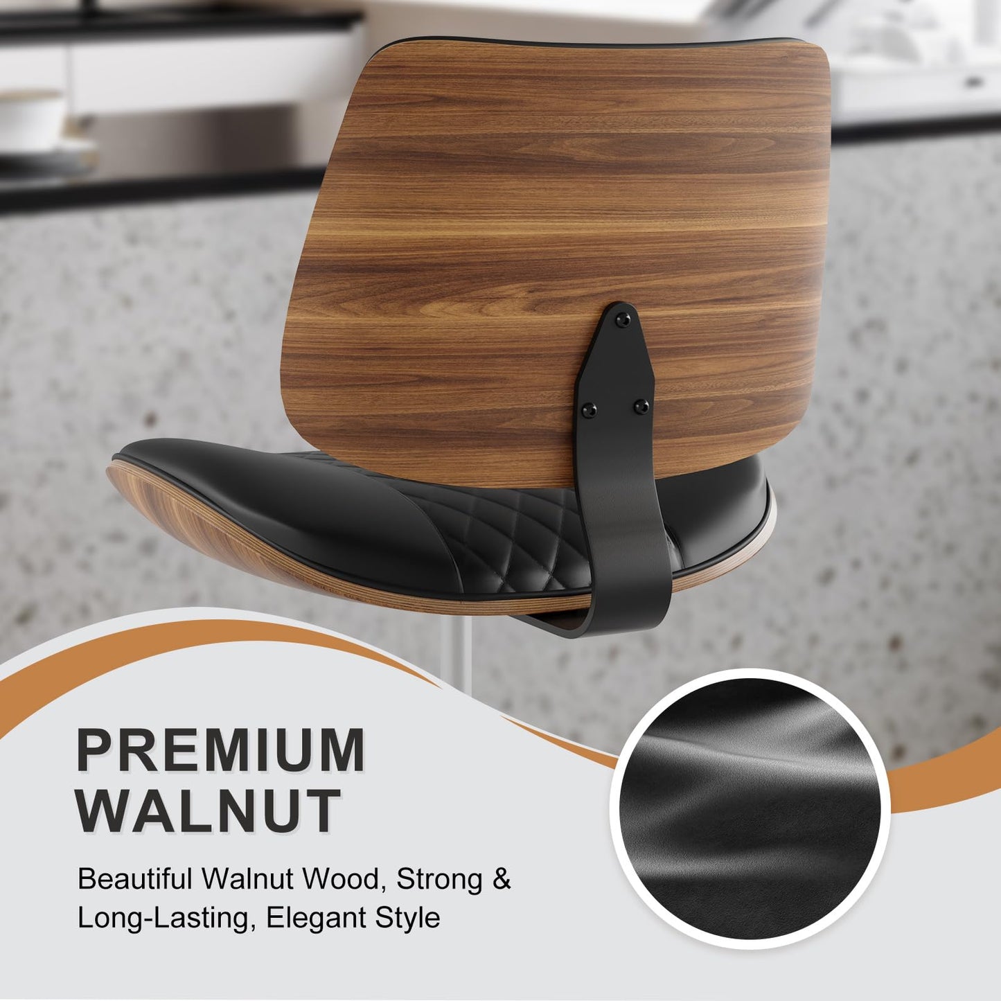 BERYTH Drafting Chair with Adjustable Footrest, Armless Modern Tall Office Chair for Standing Desk, PU Leather Swivel Stool in Curved Bentwood Style, Ergonomic Rolling Walnut Chair for Office(Black)