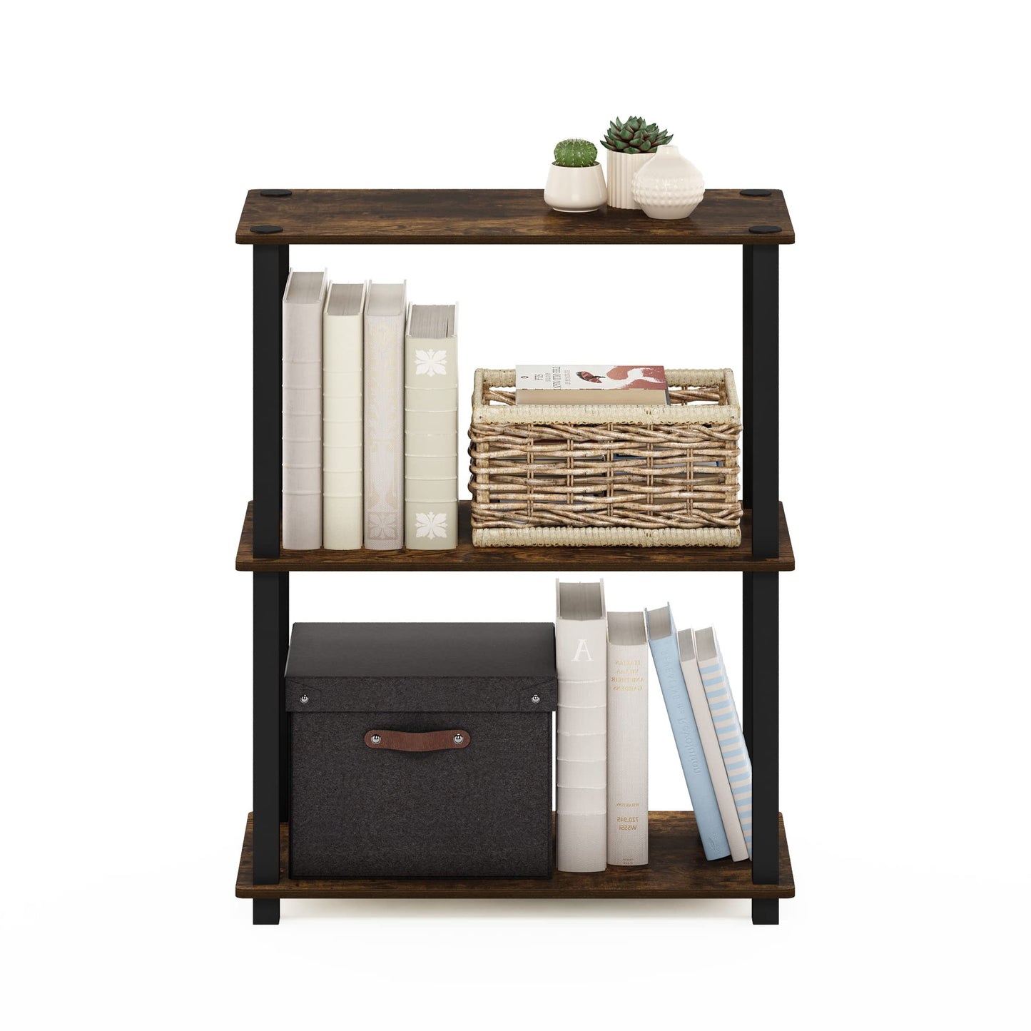 Furinno TURN-S-TUBE Storage Shelves, 3-Tier Book Shelf, Corner Shelf, Toolless Open Shelves, for Organization and Storage, Living Room, Garage, Home Office, Amber Pine