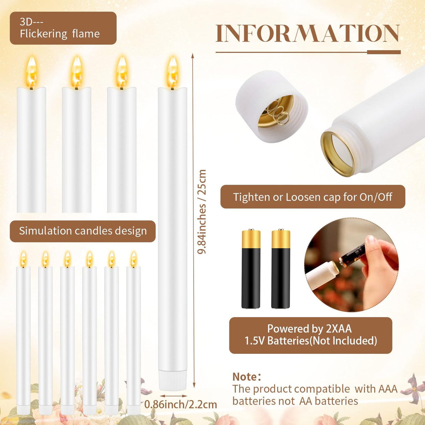 FillTouch 30 Pcs Gold Candlestick Holders with Flameless LED Candles Bulk Includes 15 Metal Candle Holders and 15 Battery Operated Taper Candles for Wedding Valentines Table Centerpieces Home Decor