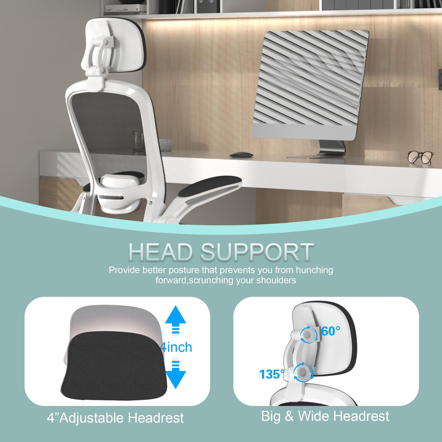 Mimoglad Office Chair, Comfy Desk Chair - High Back Ergonomic Computer Chair with Adjustable Lumbar Support & Headrest, Flip-up Armrests for Guitar Playing, Swivel Task Chair for Home and Office