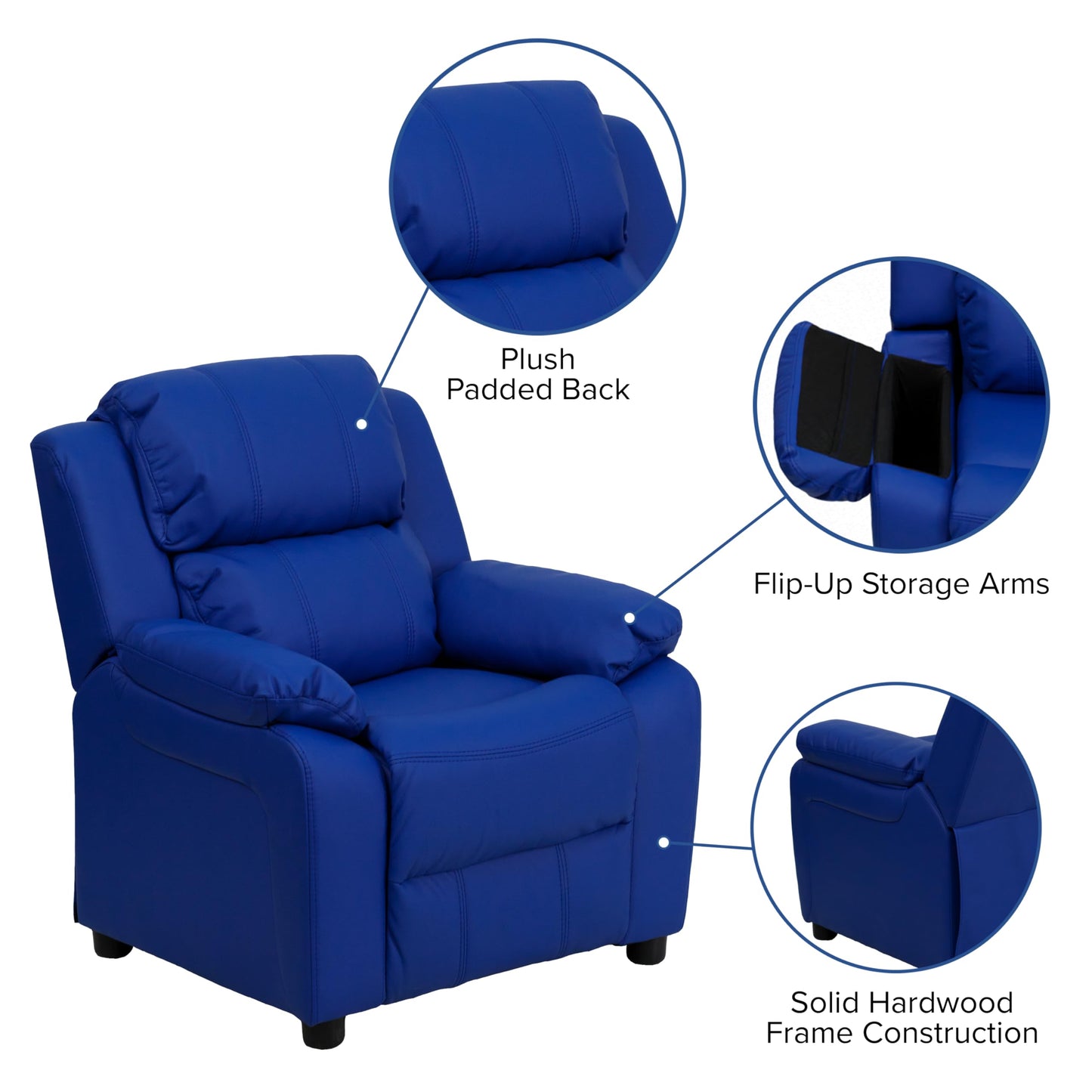 Flash Furniture Charlie Vinyl Kids Recliner with Flip-Up Storage Arms and Safety Recline, Contemporary Reclining Chair for Kids, Supports up to 90 lbs., Blue