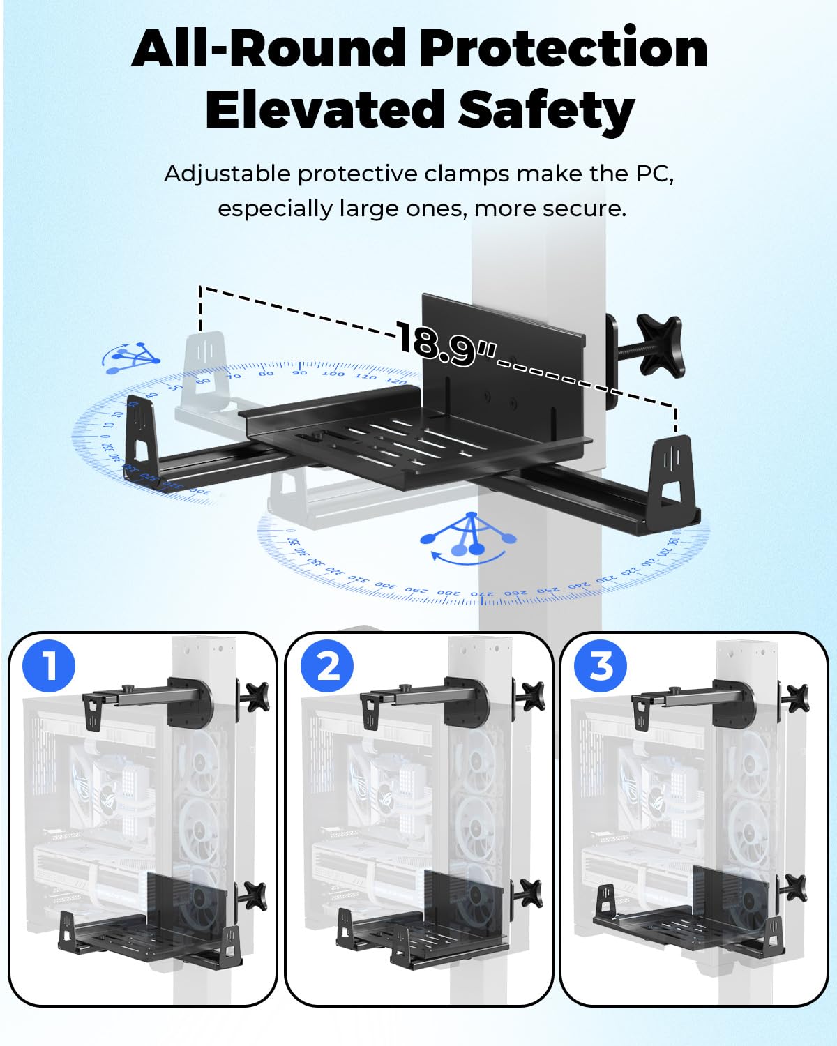 JOY worker No Drilling Under Desk PC Mount for Standing Desk, Clamp-On Desk Leg Computer Mount with Extra Protective Arms, Adjustable Computer Case CPU Holder Holds Up to 44lbs, Black