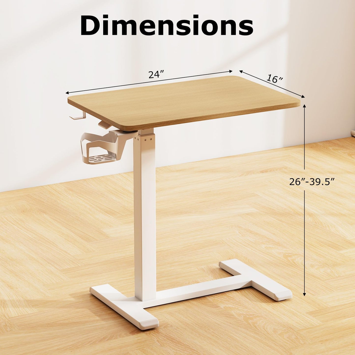 Tangkula Mobile Standing Desk, Pneumatic Height Adjustable Rolling Desk with Cup Holder & Headphone Hook, Overbed Table with Hidden Wheels, Laptop Computer Cart for Couch, Home, Office (Natural)