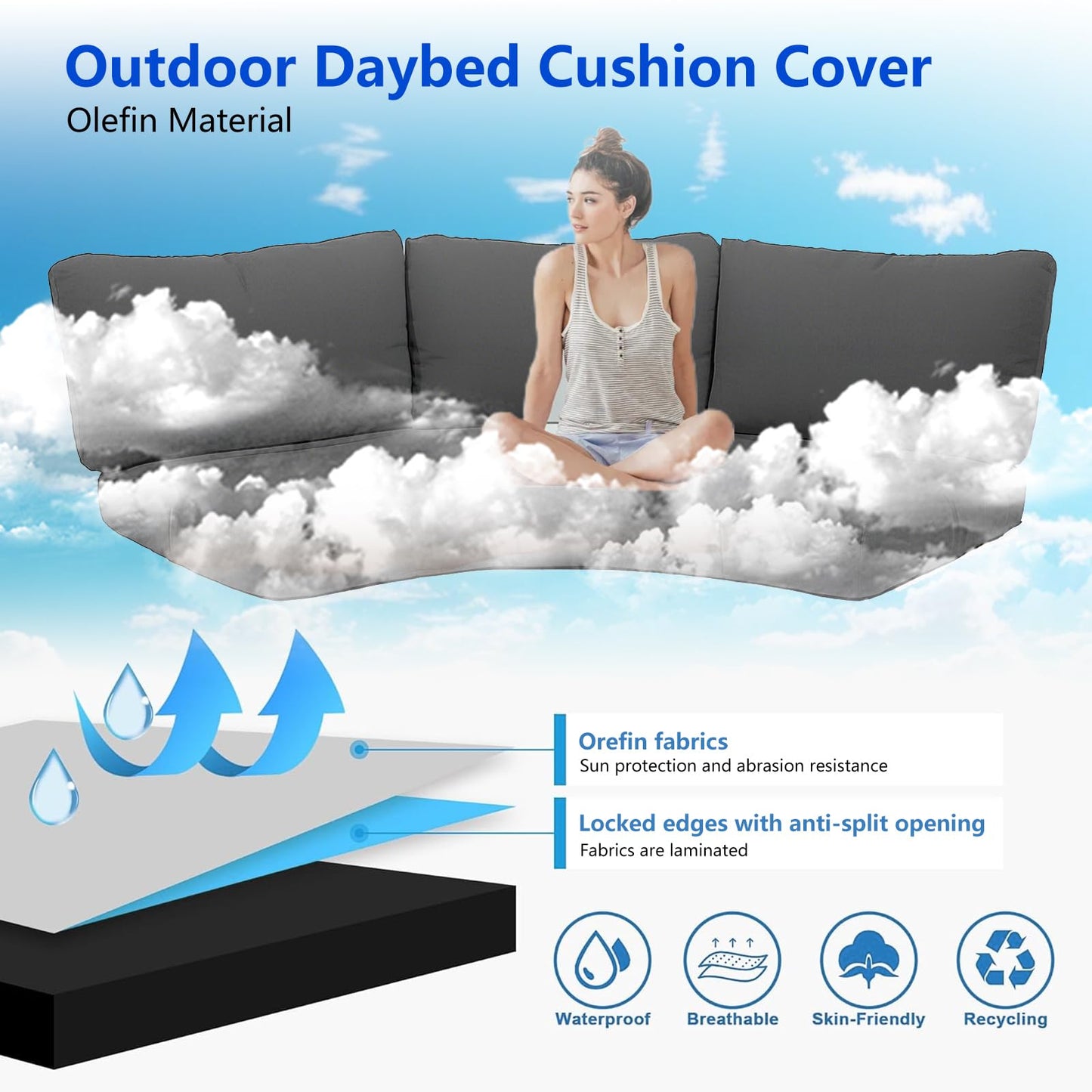 MFPMTUXO Outdoor Curved Sofa Cushion Cover with Zipper & Anti-Slip Particles, Half Moon Patio Furniture Cushions Covers Waterproof, Olefin Fabric-ONLY Cover (Dark Grey, 77/40 * 28 * 5.3inch)