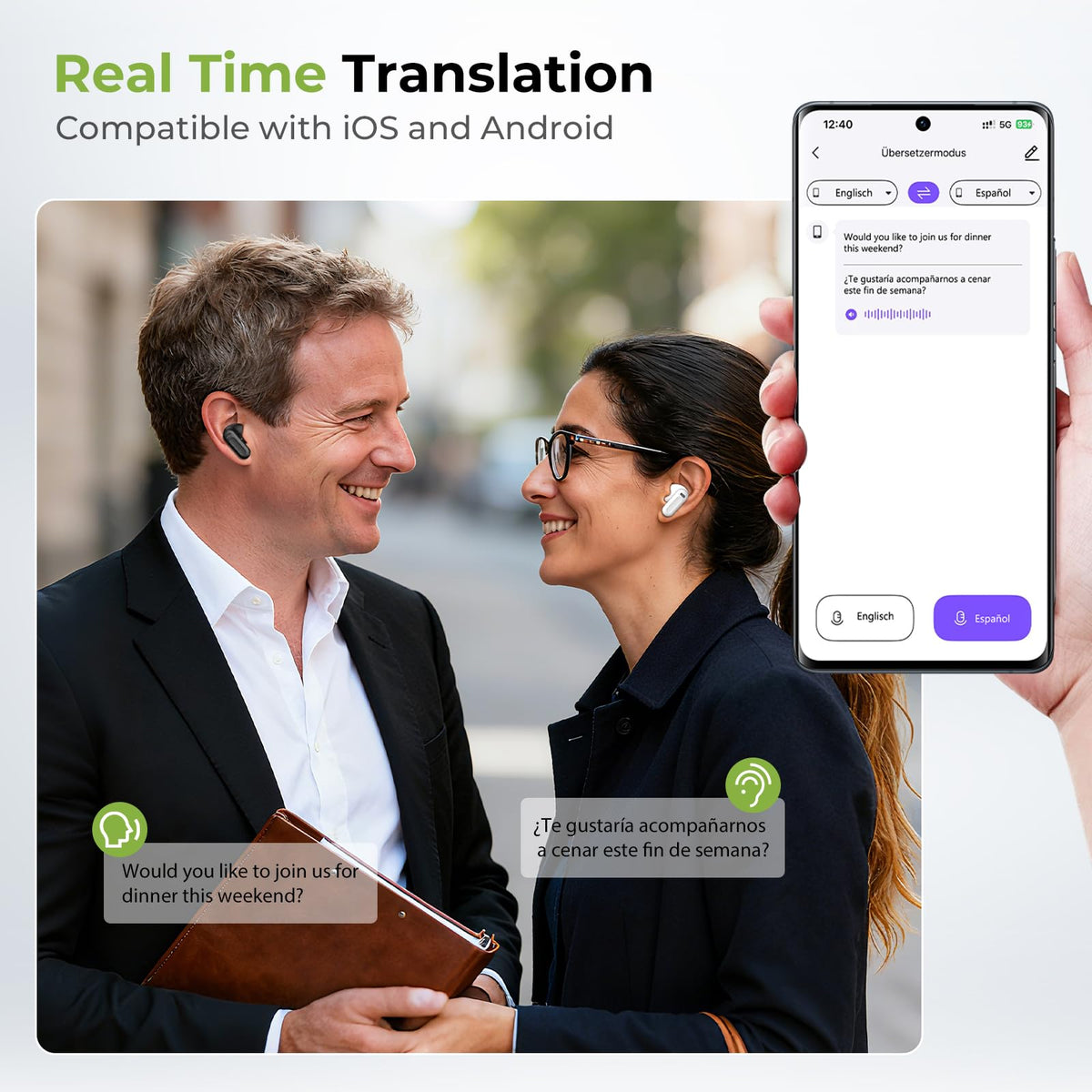 BEARTAIN NE20 Earbuds, 2025 New NE20 AI Translation Earbuds in Real Time, Language Translator Headphones with LCD Touch Screen Audifonos Traductores Inglés Español Support 135 Languages for Travel