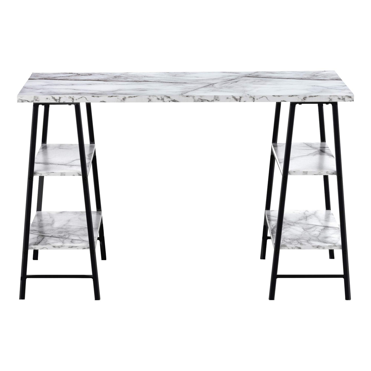 Monarch Specialties I 7527 Computer Desk, Home Office, Laptop, Storage Shelves, 48" L, Work, Metal, Laminate, White Marble Look, Black, Contemporary, Modern
