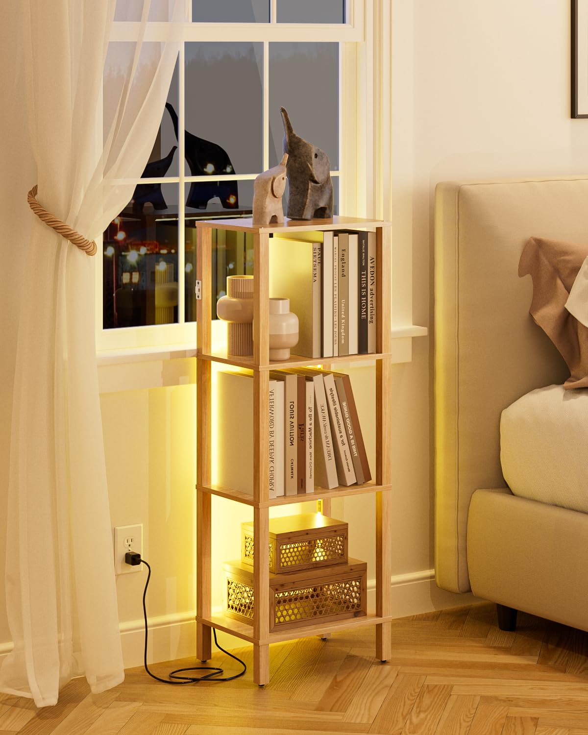 Apetaccat Open Book Shelf with LED Lights, 4 Tier Small Bookshelf, Freestanding Shelf Narrow Bookcase with Open Shelves, 14.96" x 10.63" x 41.26", Book Shelves for Living Room, Office, Study, Oak