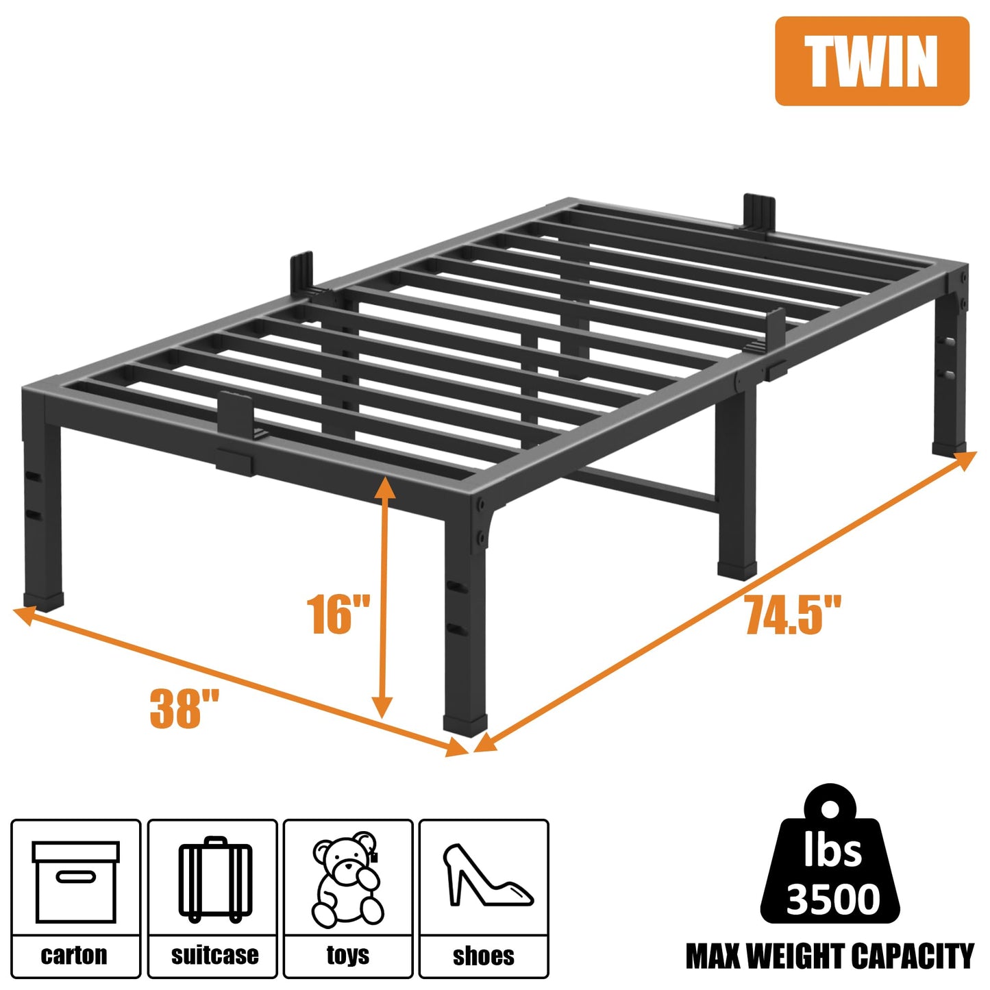 FUIOBYVV Twin Bed Frames,16 Inch Heavy Duty Metal Platform Bed Frame Twin Size Support Up to 3500 lbs,No Box Spring Needed,Headboard Compatible,Steel Slat Support,Noise Free,Easy Assembly