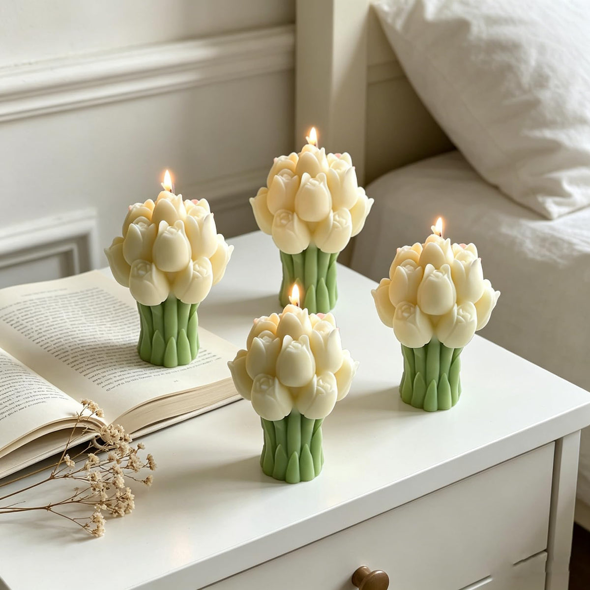Scented Candles Set for Women Mom,4 Pack Aromatic Tulip Bouquet-Shaped Candle Ornament for Home, Soy Candles for Living Room and Bedroom, Birthday Bridesmaid Gift Valentines Day Candle -Vanilla Flavor