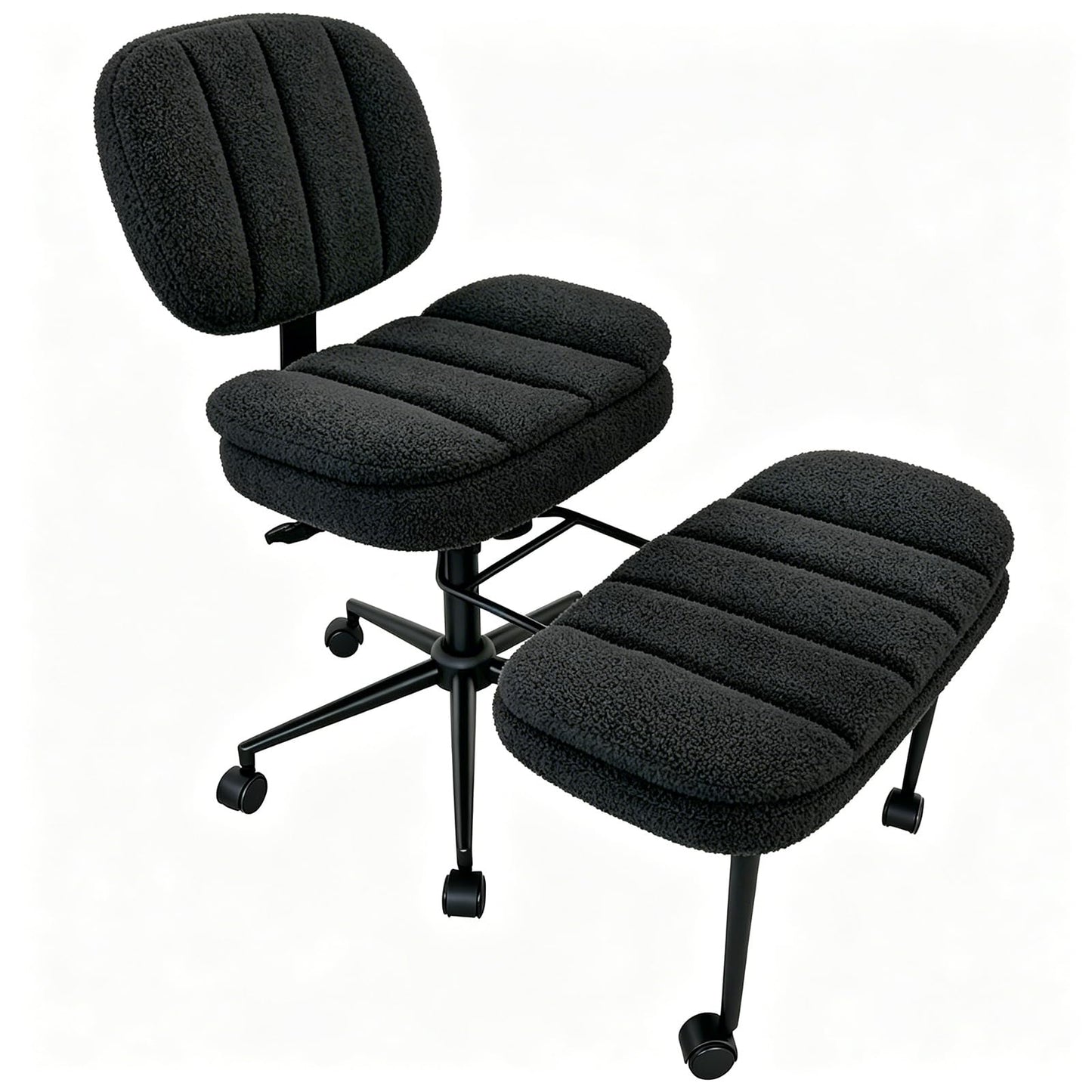 Ergonomic Cross Legged Office Chair with Footrest, 360° Swivel Height Adjustable Faux Shearling Criss Cross Chair, Wide Seat & Back Support for Home Office, ADHD, Black
