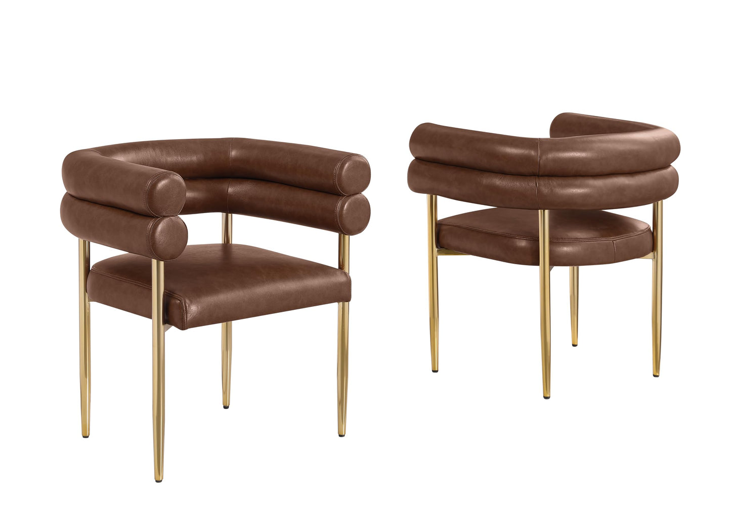 Modern Double Bolster Dining Chairs Set of 2, Leath-Aire Upholstered Tub Chairs with Gold Base, Mid-Century Accent Chairs for Dining Room, Living Room, & Office (Mocha/Gold)