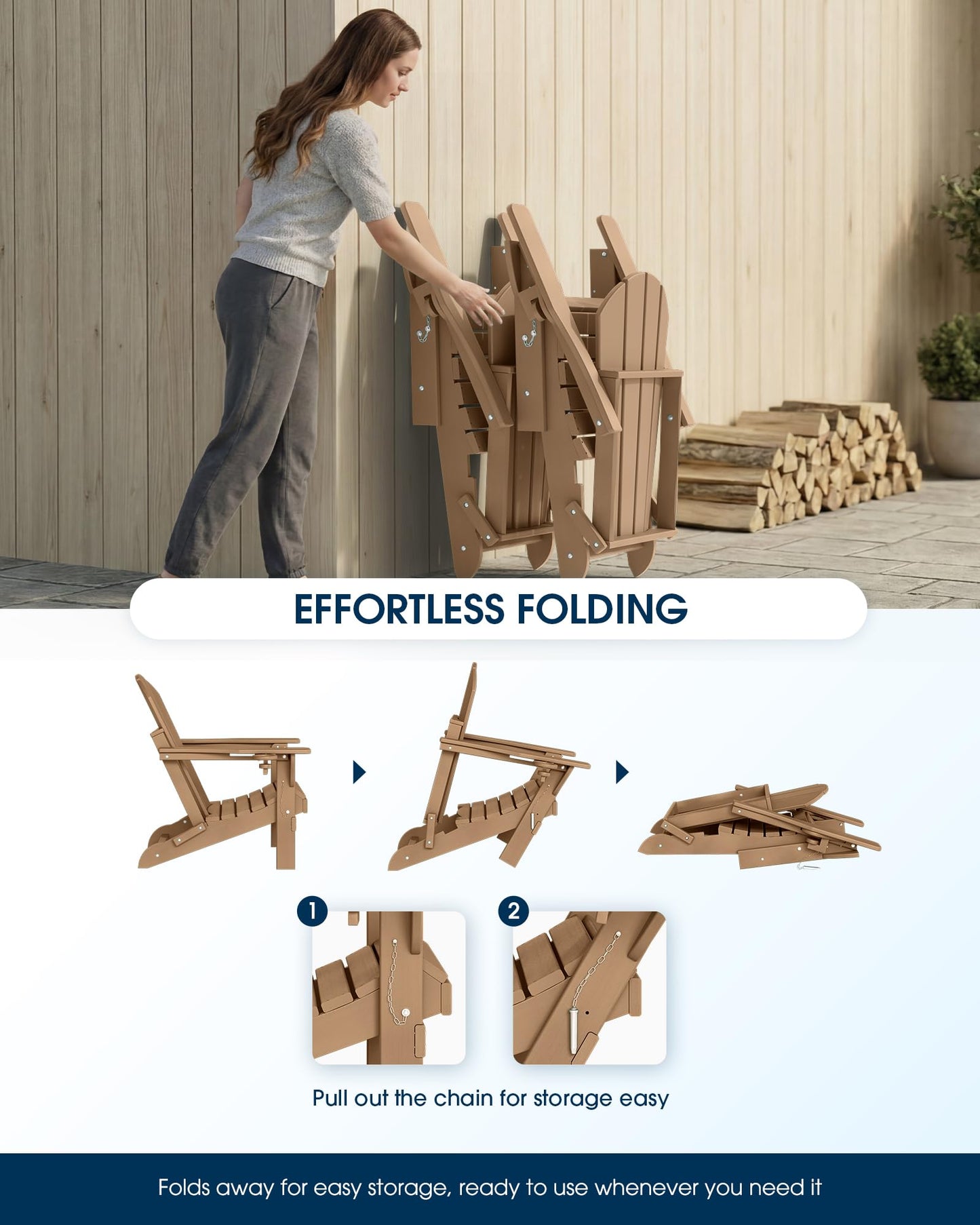 MUCHENGHY Folding Adirondack Chairs, Patio Chairs, Lawn Chairs, Outdoor Chair, Adirondack Chair Plastic, Fire Pit Chairs, Weather Resistant with Cup Holder for Deck, Backyard, Garden(Teak)