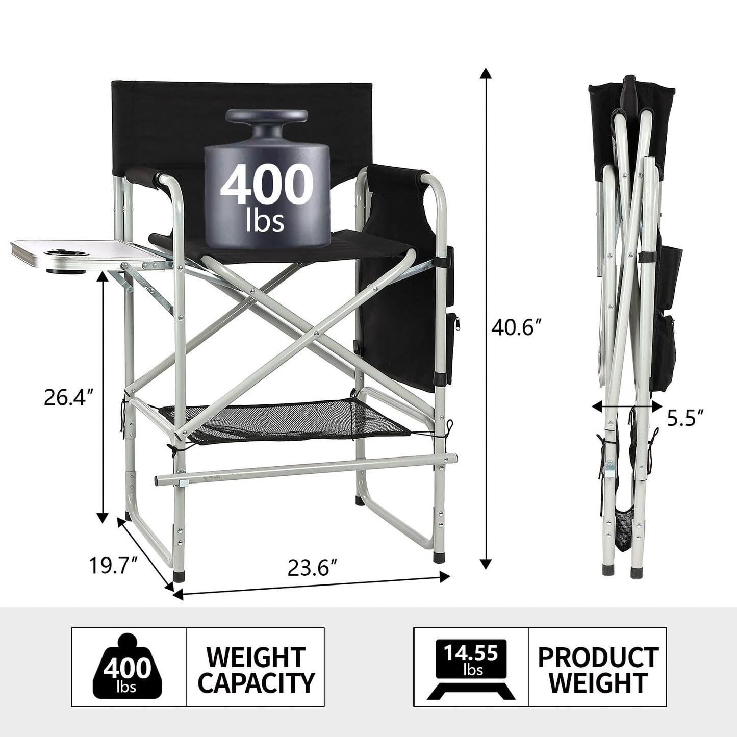 JXUFDHO Makeup Chair for Makeup Artist 41'',Tall Directors Chairs Foldable with Side Table Cup Holder Storage Bag and Footrest, Folding Chair Makeup Chair for Clients 400lbs Capacity