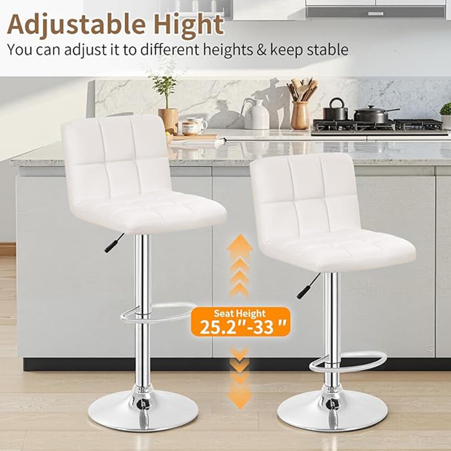BestOffice Bar Stools Set of 2, Adjustable PU Leather Swivel Barstools, Modern Counter Stools with Back and Footrest, Counter Height Barstools for Bar, Kitchen and Dining Room