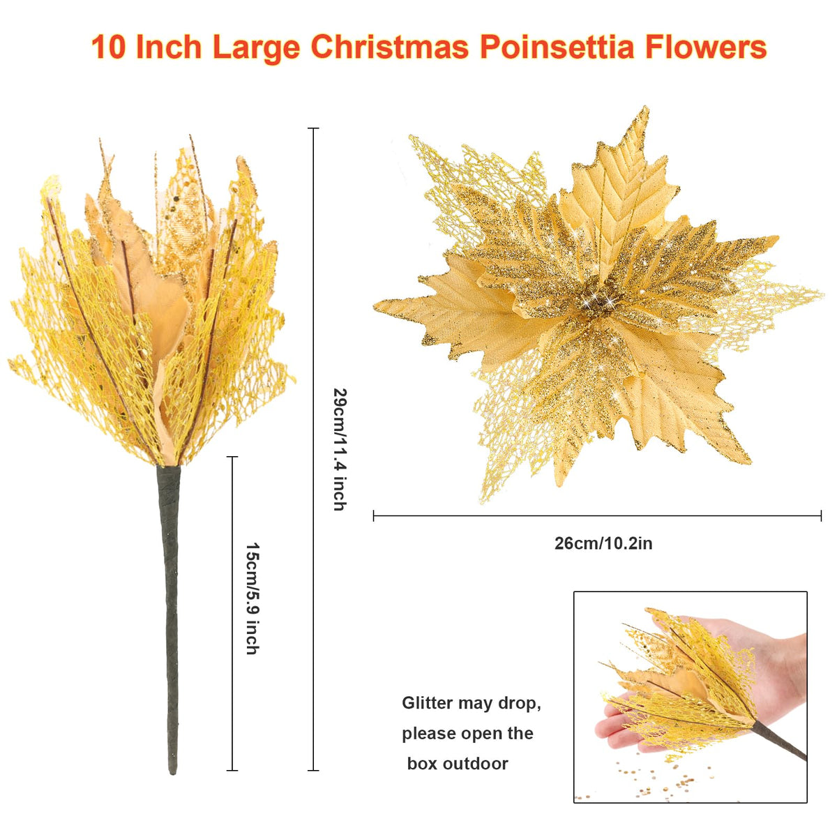 10'' Large Christmas Glitter Poinsettia Flowers Decorations, stadeco 10 Pcs Christmas Tree Picks Ornaments Artificial Flowers with Long Stems for Xmas Tree Wreath Garland Wedding Party DIY Decor