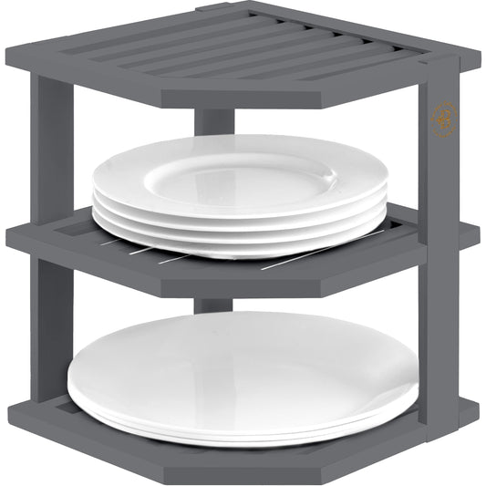 Grey Plate Organizer for Cabinet - 3 Tier Gray Bamboo Corner Cabinet Organizer Shelf for Plates Bowls Mugs Cups, Kitchen Cabinet Organizer, Cabinet Shelf Organizer, Countertop Rack, 10 x 10 x 9.5 Gray