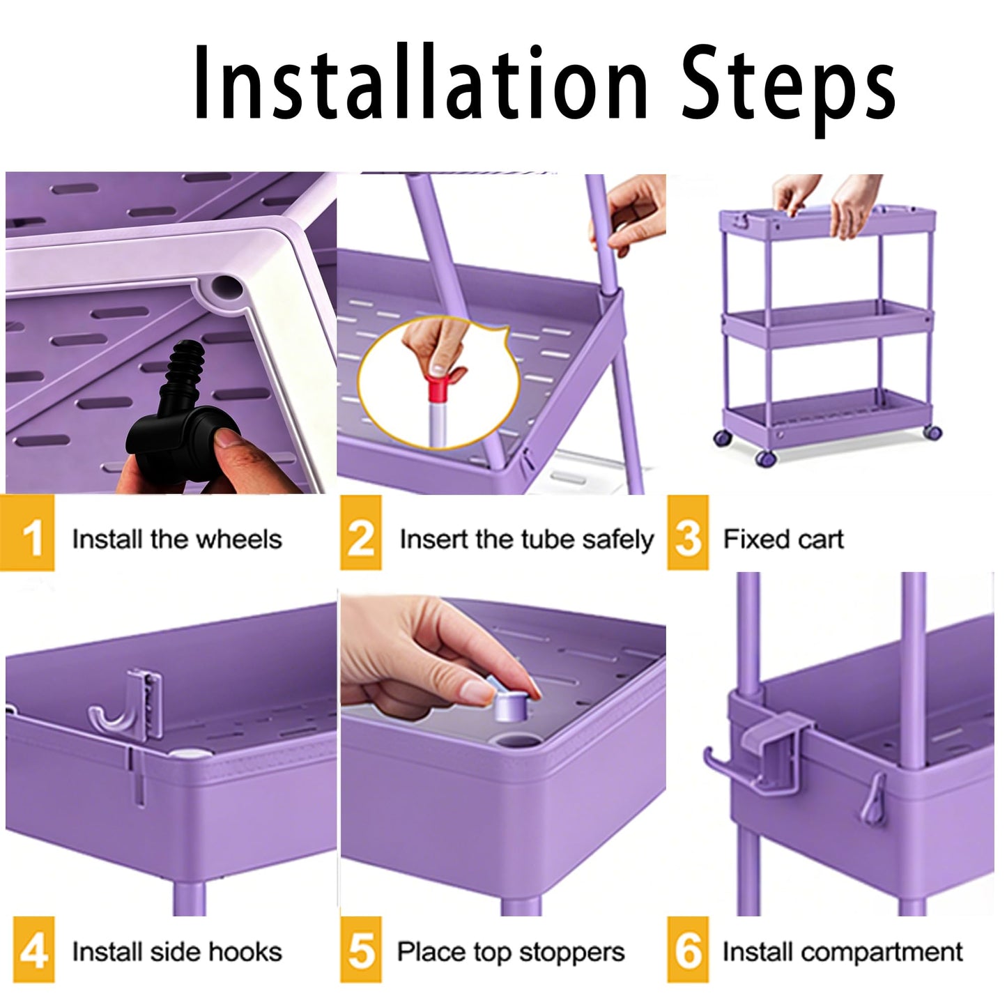 SPACELEAD Slim Storage Cart 3 Tier,Bathroom Organizer Rolling Utility,Mobile Shelving Unit Slide Out for Office, Kitchen, Laundry Room & Narrow Places,Purple