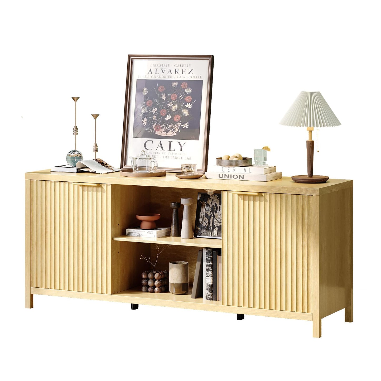 VINGLI 57.8" TV Stand for 70 Inch TV, Mid Century Modern Media Console with Adjustable Shelves and Cabinet Storage, Elegant Entertainment Center for Living Room, Oak