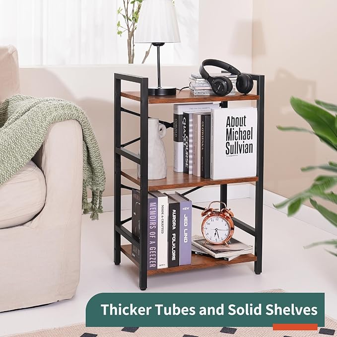 Yoobure Bookshelf Small Book Shelf, Solid Industrial 3 Tier Shelf Bookcase