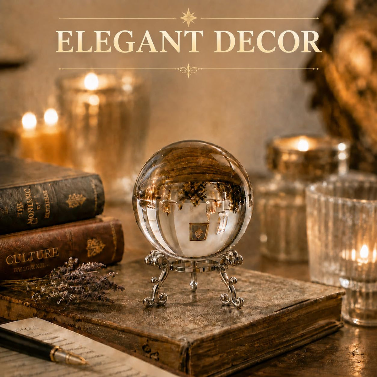 Woodvine Crystal Ball 80mm Clear K9 Crystal Sphere with Metal Stand and Gift Box, Lensball Photography Prop, Home Decor, Feng Shui Decorative Gift (Clear-80mm)