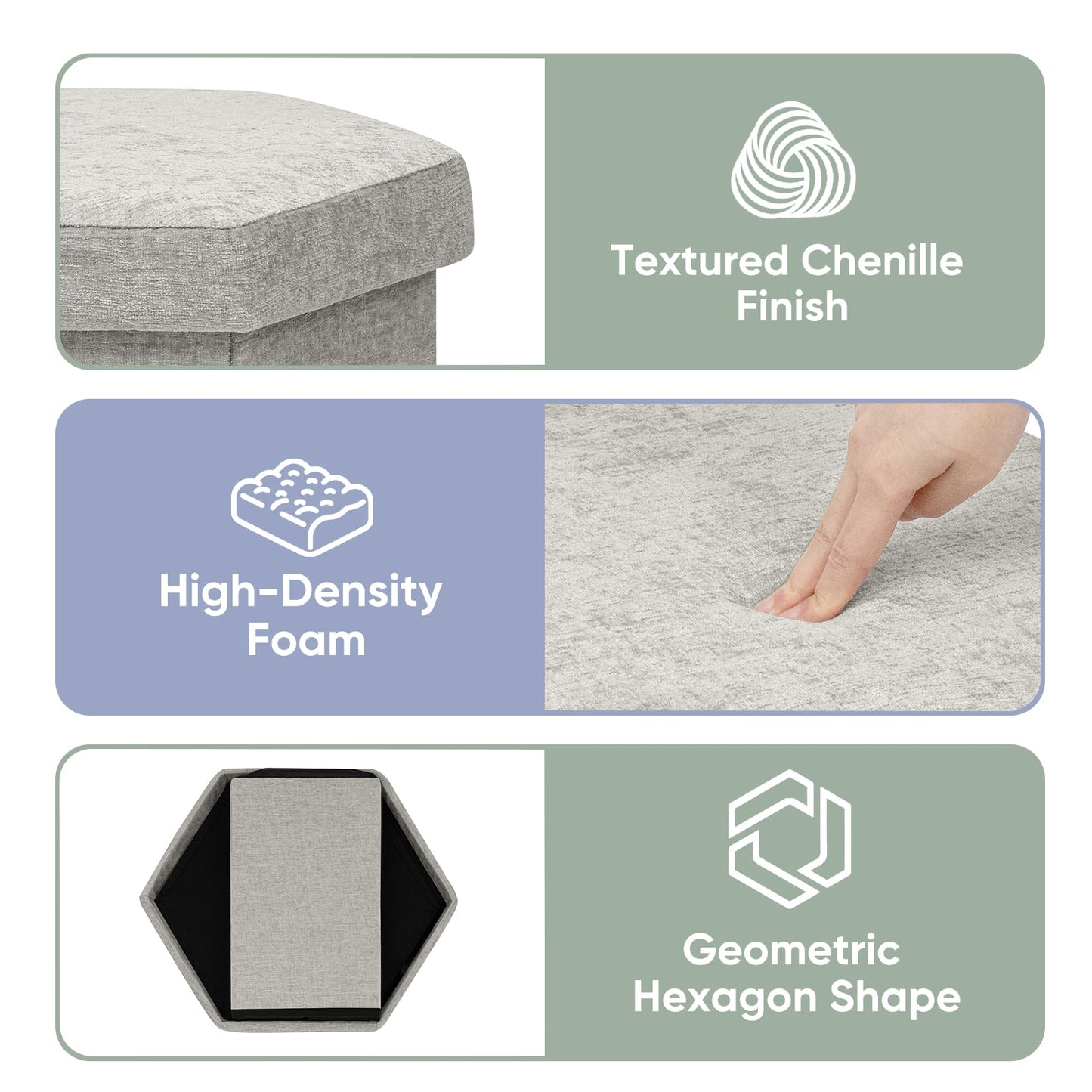 ZOLANOful Hexagon Storage Ottoman, Foldable Chenille FootRest with Hidden Storage, Small Ottoman Footstool for Living Room, Bedroom, Dorm, Entryway, 15 x 16.9 x 15 Inches, White
