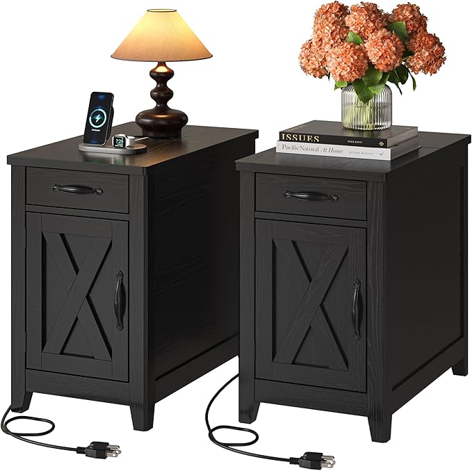 IRONCK End Table with Charging Station, Narrow Side Table