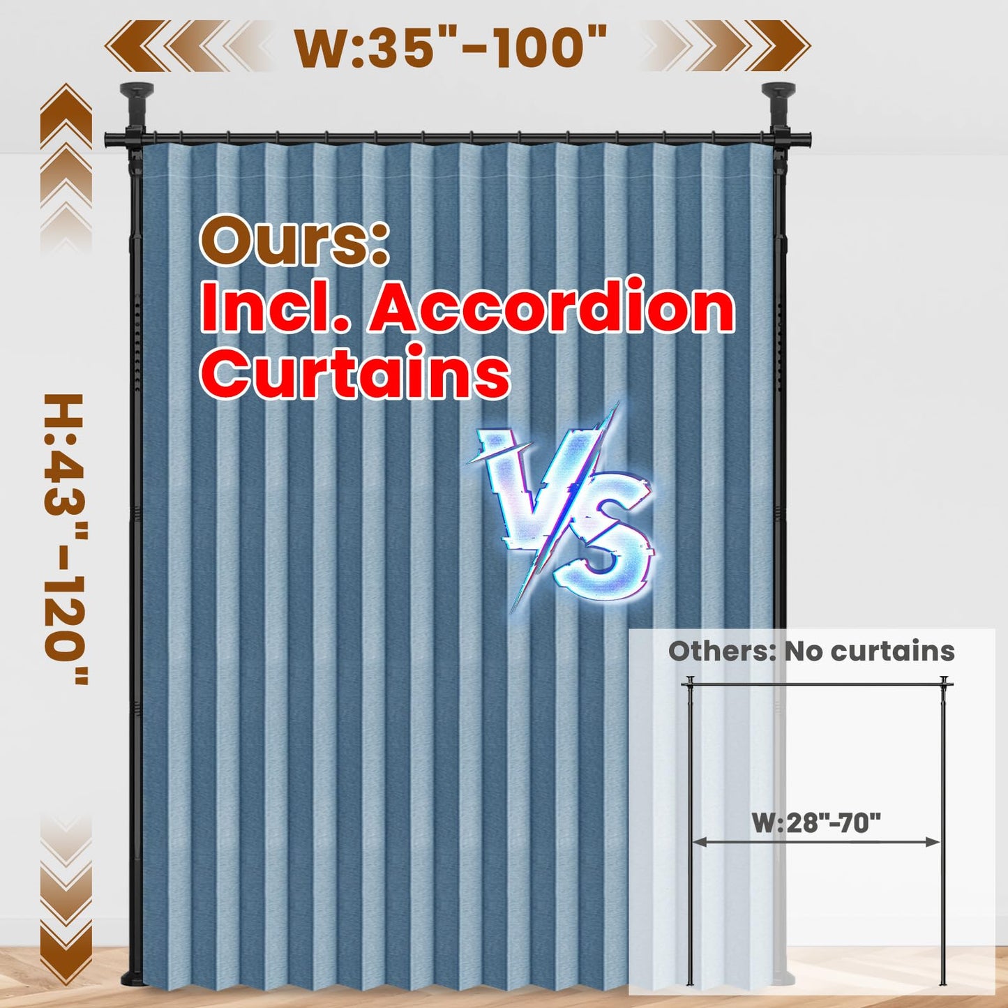 100% Blackout Room Divider Curtains Sets Blue 1 Panel W100 x L84in No Drill Curtain Rods(H) 43-120×(W) 35-100 in for Office Privacy Partition Separator