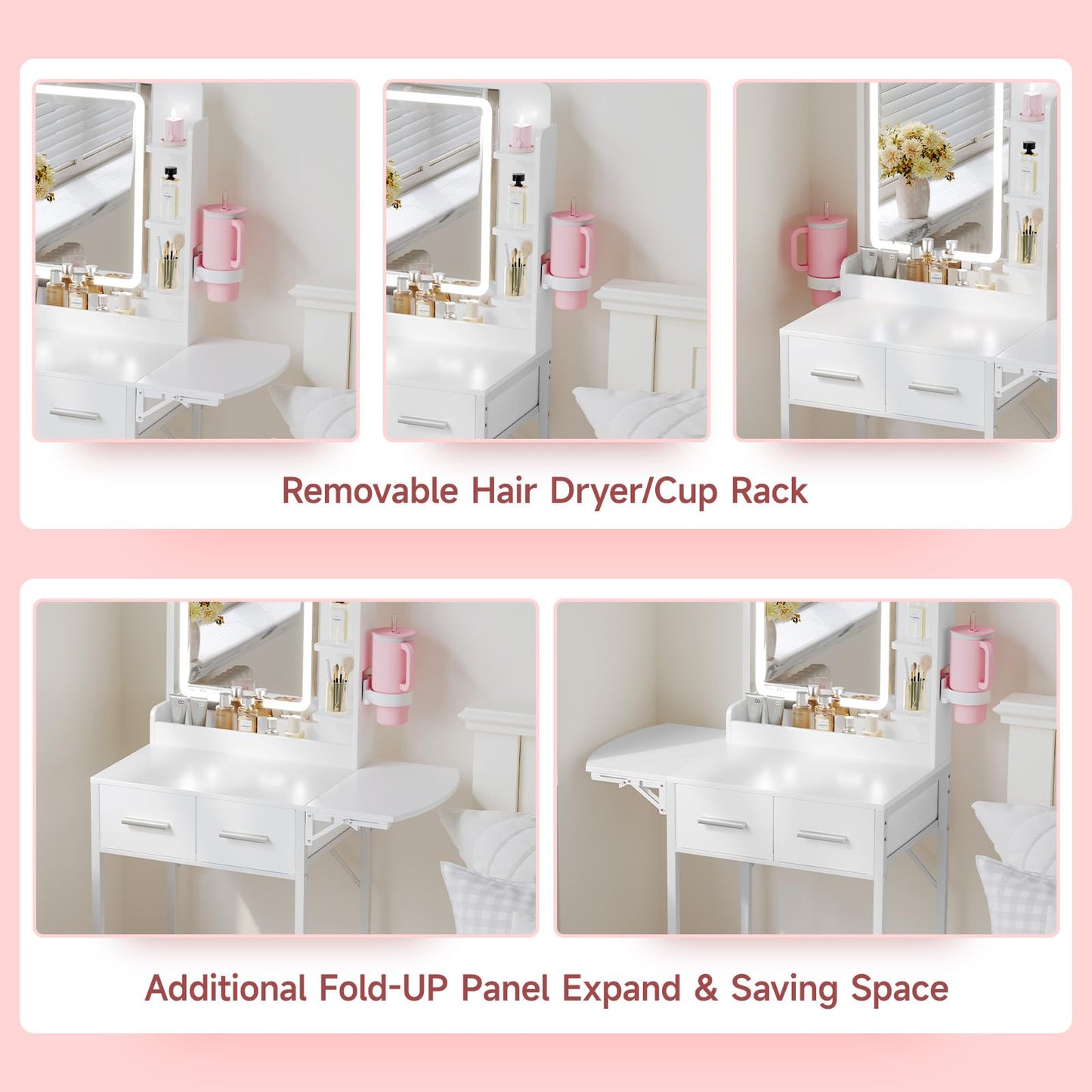 MemoCastle Small Vanity Desk for Compact Space: Mini Makeup Table Set for Bedroom - Tiny White Vanity with Mirror for Girls