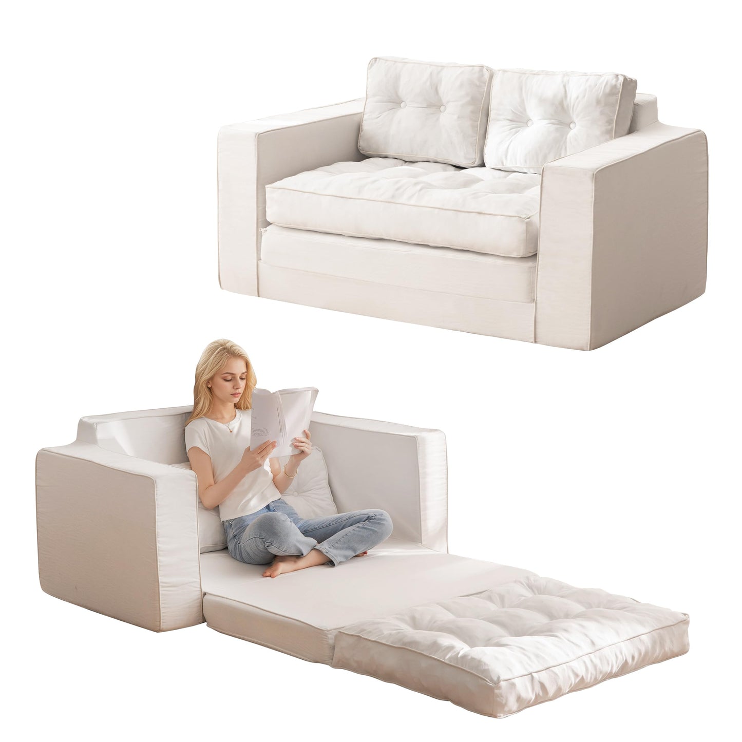YOSHOOT Loveseat Boneless Couch,55" Convertible Sofa Bed Futon Couches for Living Room,3-in-1 Pull Out Floor Couch with Backrest and Pillows, White