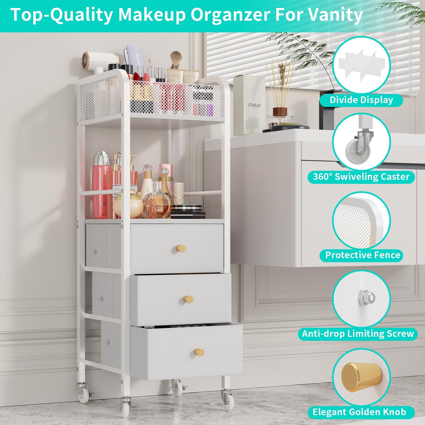 HapiRm Rolling Makeup Cart Organizer - Floor Skincare Make Up Storage with 3 Non-woven Fabric Drawers, Vanity Organizer Cosmetic Display Cases Holder for Skin Care Perfume Nail Polish Brush Hair Tool