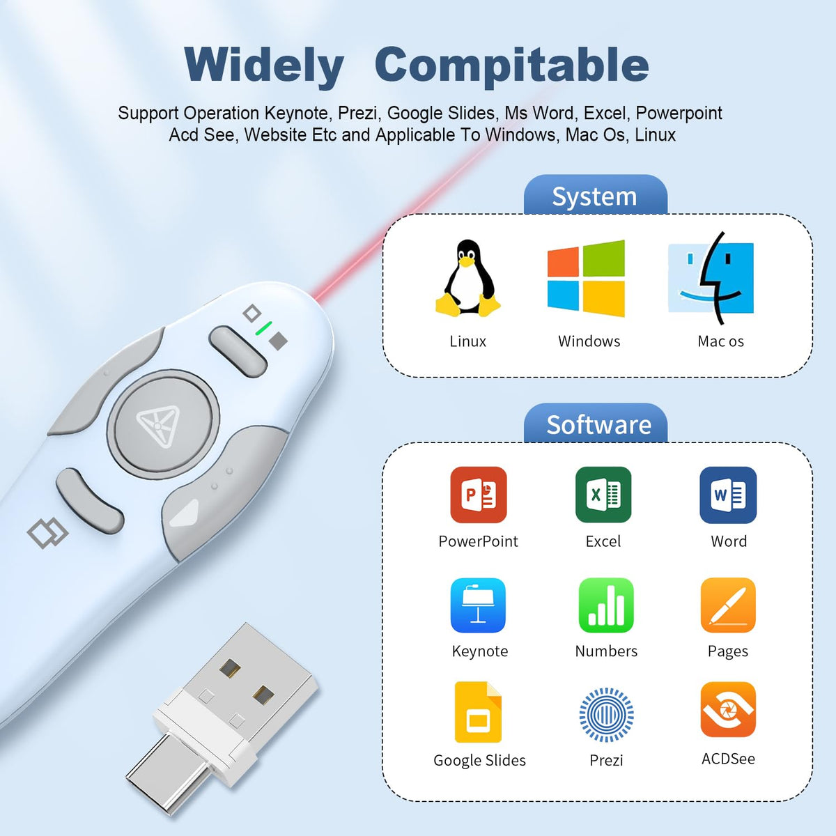 QUI 2 Pack Wireless Presenter PowerPoint Clicker, RF 2.4GHz USB Presentation Clicker for Google Slides, Keynote, Mac, Windows (USB Type-c, Blue)