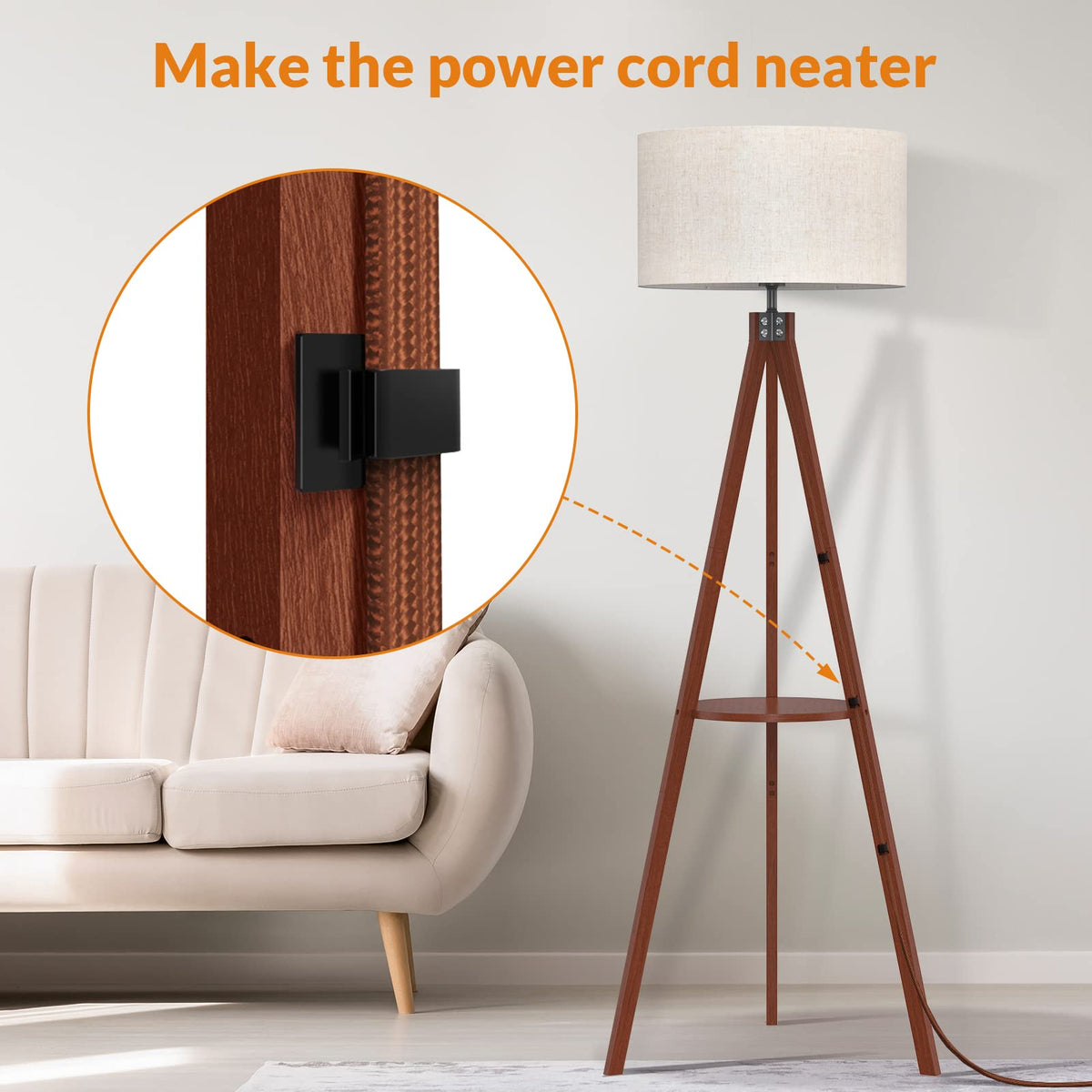 LEPOWER Tripod Floor Lamp, Mid Century Wood Standing Lamp, Modern Design Shelf Floor Lamp for Living Room, Bedroom, Office, Flaxen Linen Shade with E26 Base Brown