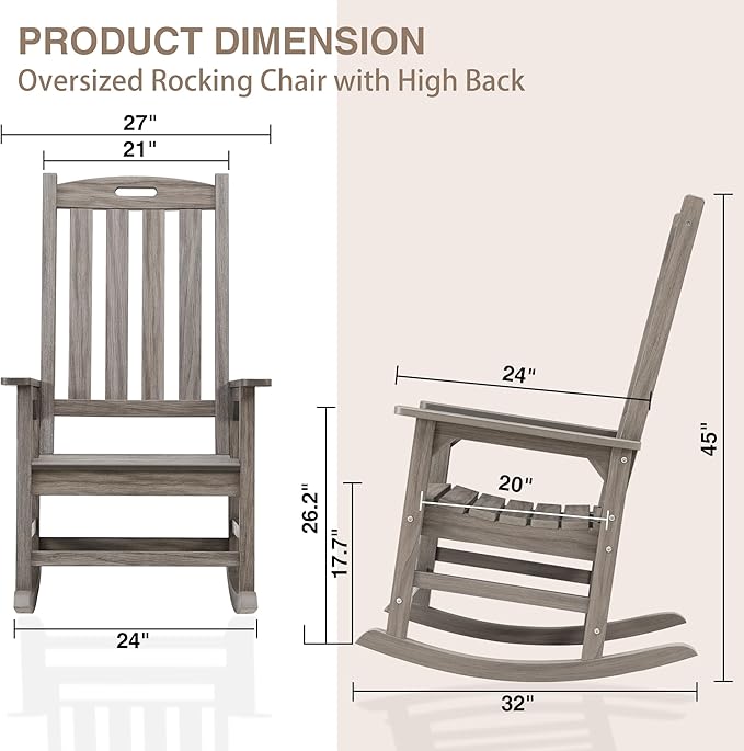 Psilvam Outdoor Rocking Chair Set of 2, Poly Lumber Oversized Rocking Chair